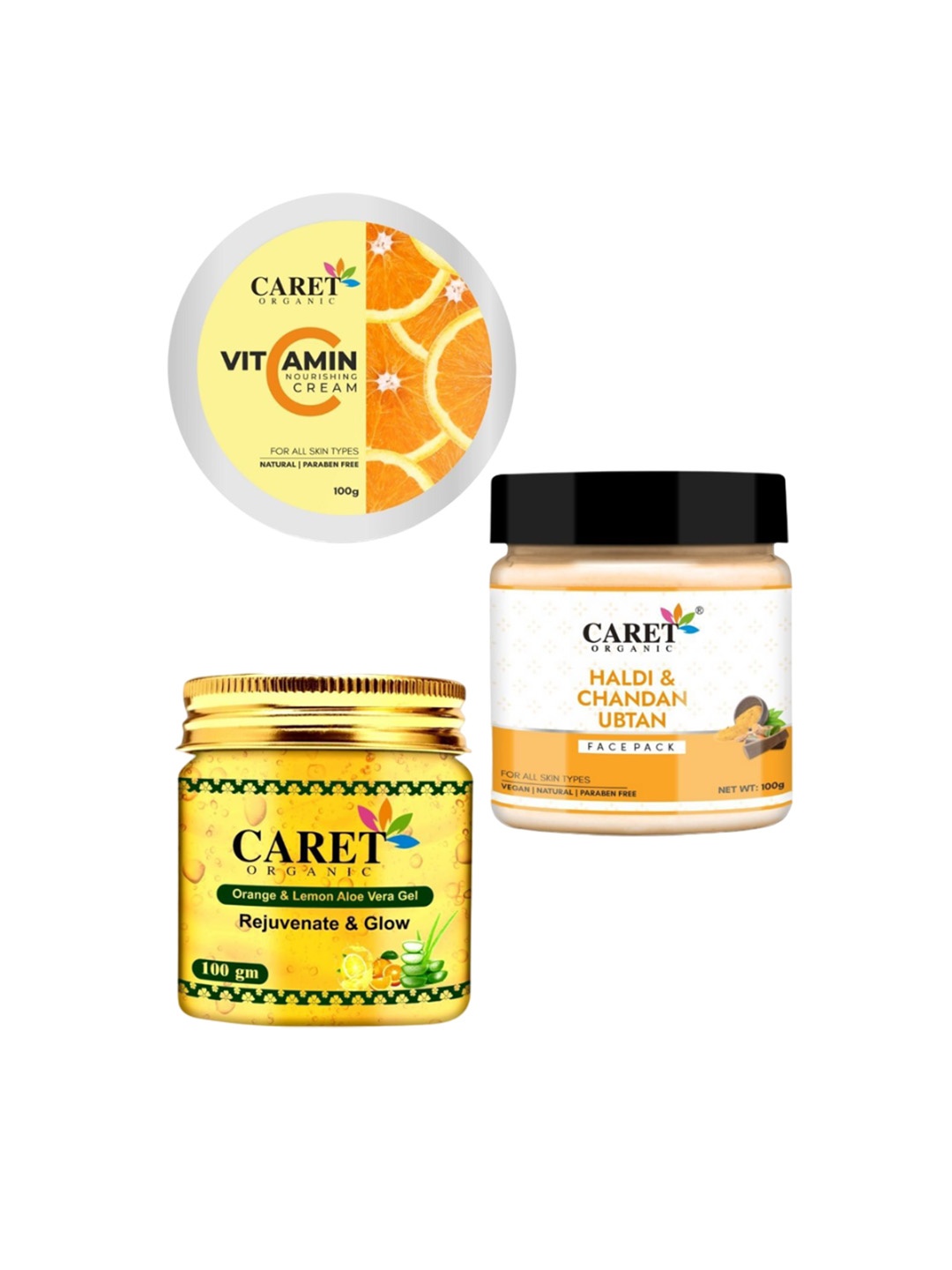 CARET ORGANIC Set Of 3 Vitamin C Cream, Lemon Aloevera Gel & Haldi Chandan Ubtan Face Pack, White
CARET ORGANIC Set Of 3 Vitamin C Cream, Lemon Aloevera Gel & Haldi Chandan Ubtan Face Pack, White