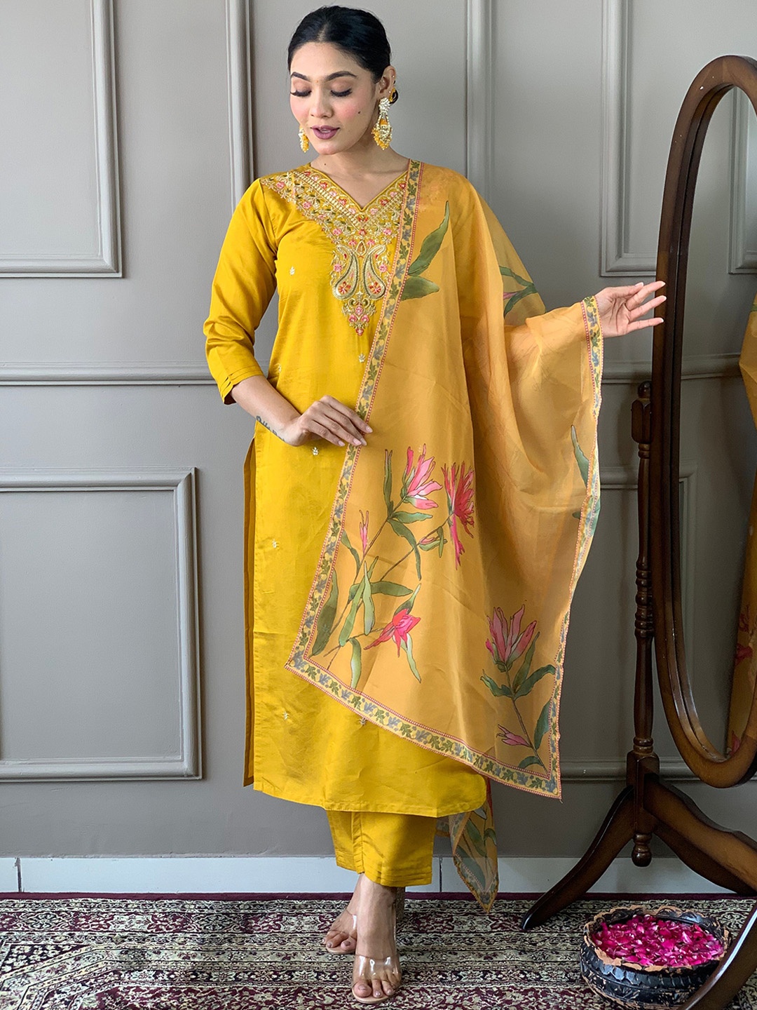 KALINI Floral Embroidered Straight Thread Work Chanderi Silk Kurta with Trousers & Dupatta, Mustard
KALINI Floral Embroidered Straight Thread Work Chanderi Silk Kurta with Trousers & Dupatta, Mustard