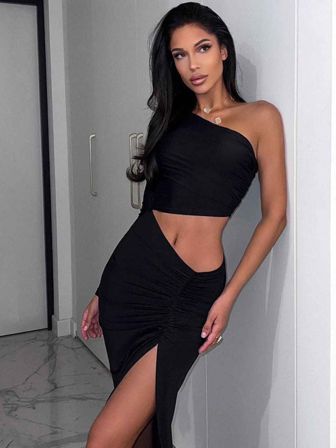 KPOP Women One Shoulder Bodycon Maxi Dress, Black
KPOP Women One Shoulder Bodycon Maxi Dress, Black