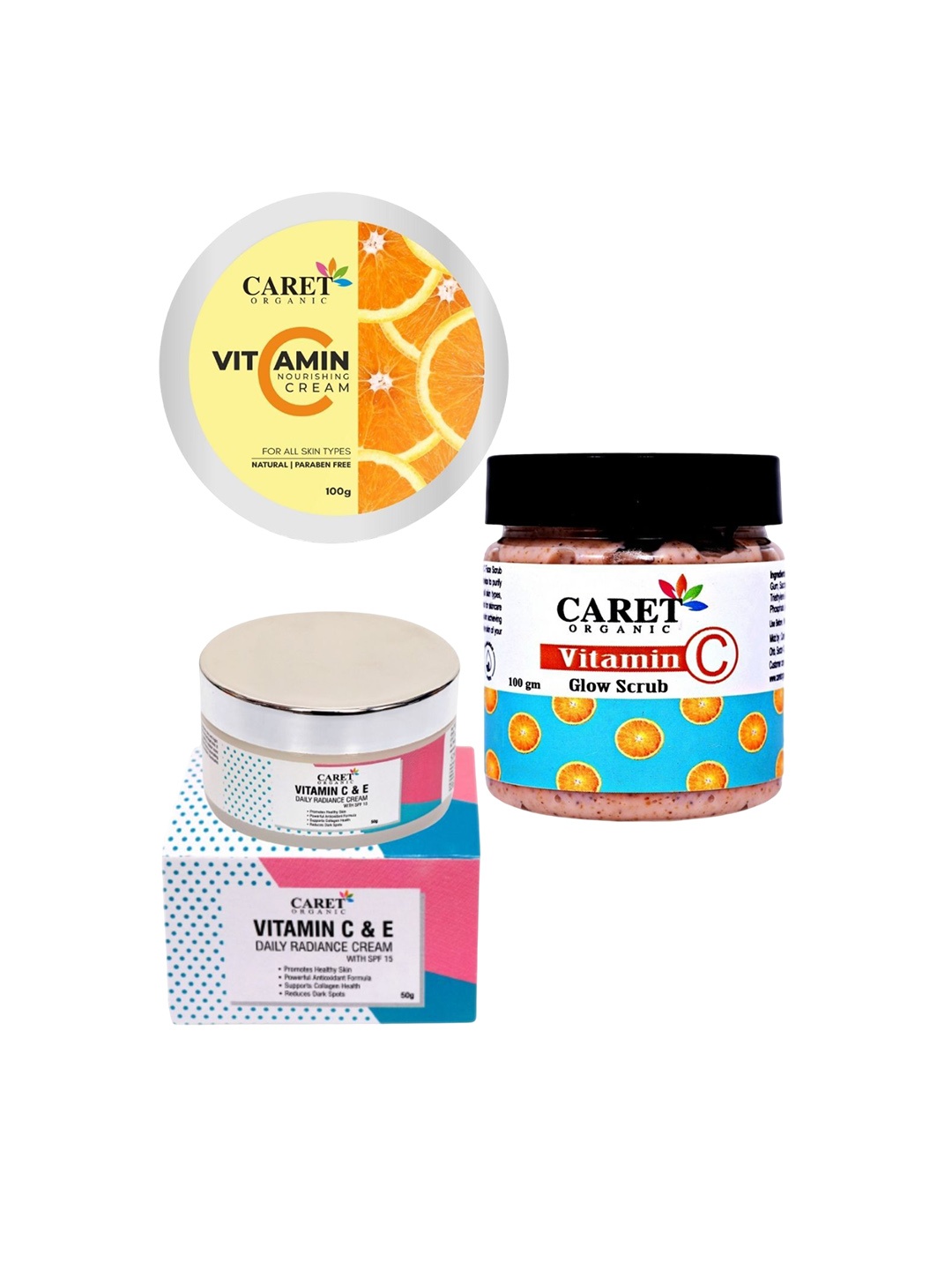 CARET ORGANIC Set Of 3 Vitamin C Cream, Vitamin C Radiance Cream & Vitamin C Glow Scrub, White
CARET ORGANIC Set Of 3 Vitamin C Cream, Vitamin C Radiance Cream & Vitamin C Glow Scrub, White