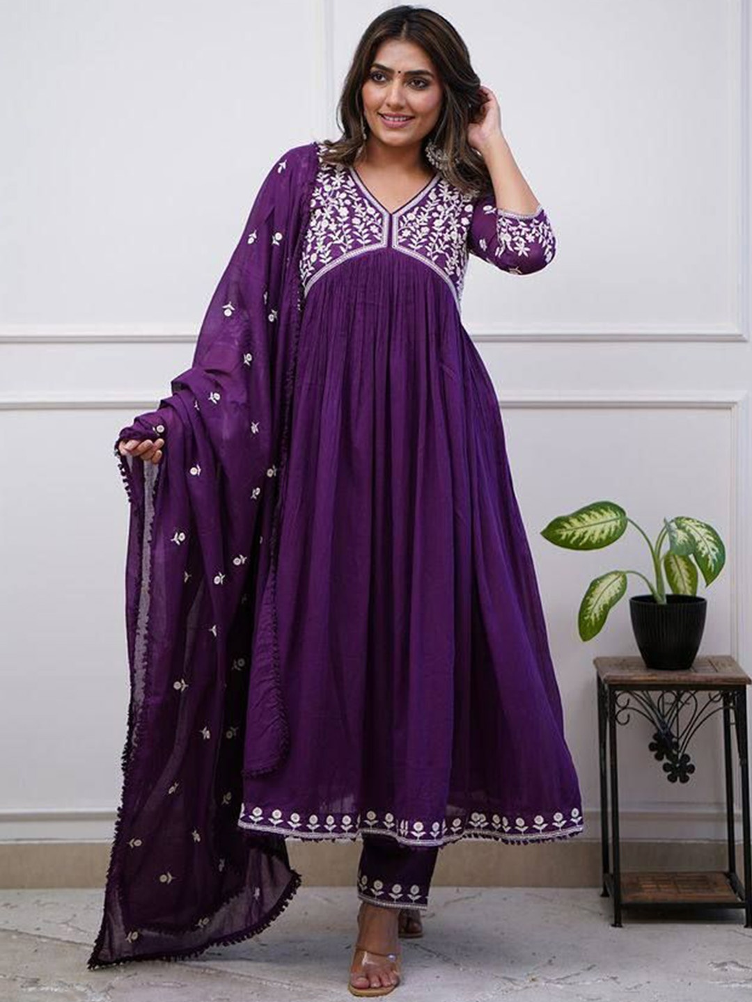 KALINI Floral Embroidered Thread Work Pure Silk Anarkali Kurta with Trouser & Dupatta, Purple
KALINI Floral Embroidered Thread Work Pure Silk Anarkali Kurta with Trouser & Dupatta, Purple