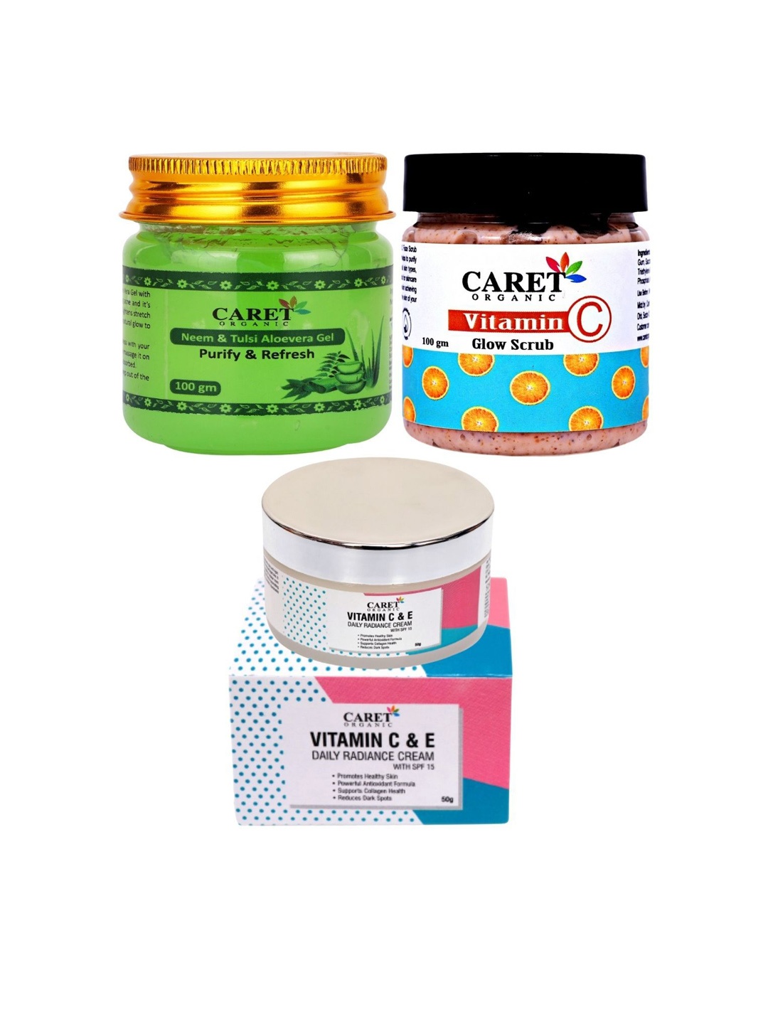 CARET ORGANIC Set Of 3 Aloevera Gel, Radiance Cream & Vitamin C Glow Scrub Combo, White
CARET ORGANIC Set Of 3 Aloevera Gel, Radiance Cream & Vitamin C Glow Scrub Combo, White