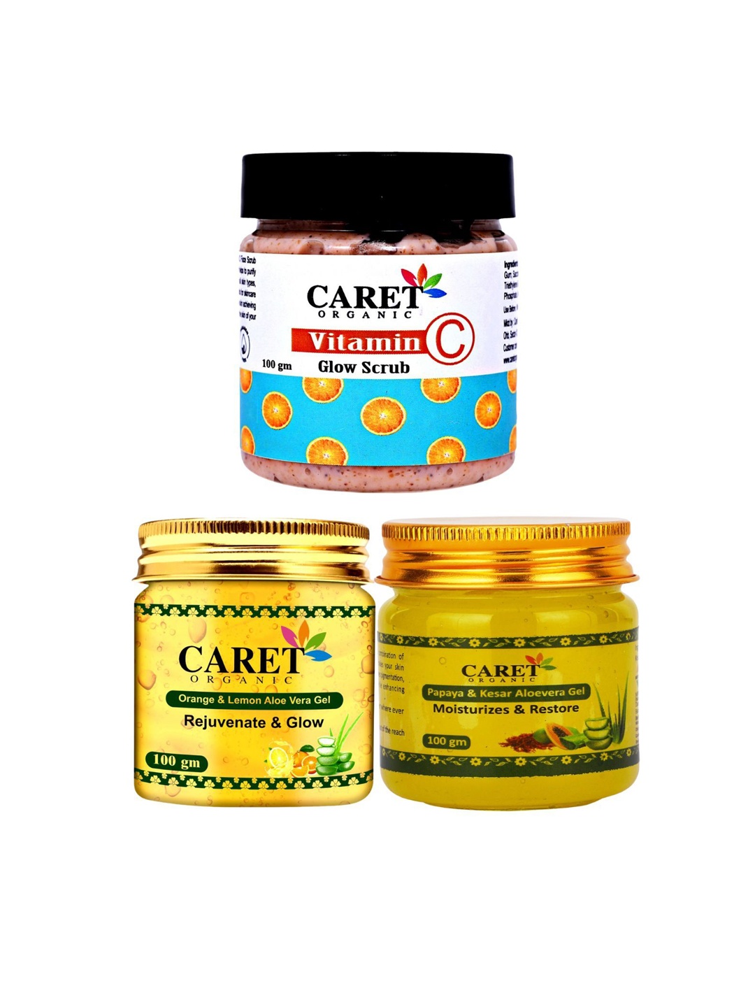 CARET ORGANIC Set of 3 Vitamin C Glow Scrub, Papaya & Kesar Gel & Aloe Vera Gel, White
CARET ORGANIC Set of 3 Vitamin C Glow Scrub, Papaya & Kesar Gel & Aloe Vera Gel, White
