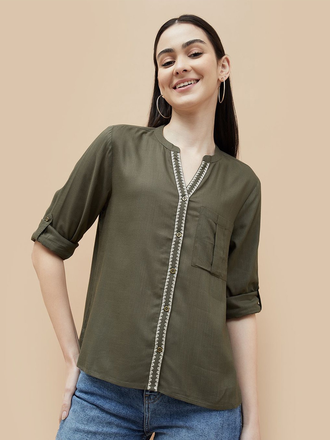 Fame Forever by Lifestyle Women Mandarin Collar Roll-Up Sleeves Shirt Style Top, Olive
Fame Forever by Lifestyle Women Mandarin Collar Roll-Up Sleeves Shirt Style Top, Olive