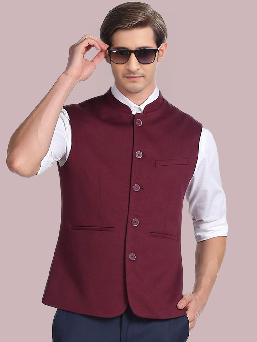 BAESD Mandarin Collar Satin Nehru Jacket, Maroon 
BAESD Mandarin Collar Satin Nehru Jacket, Maroon