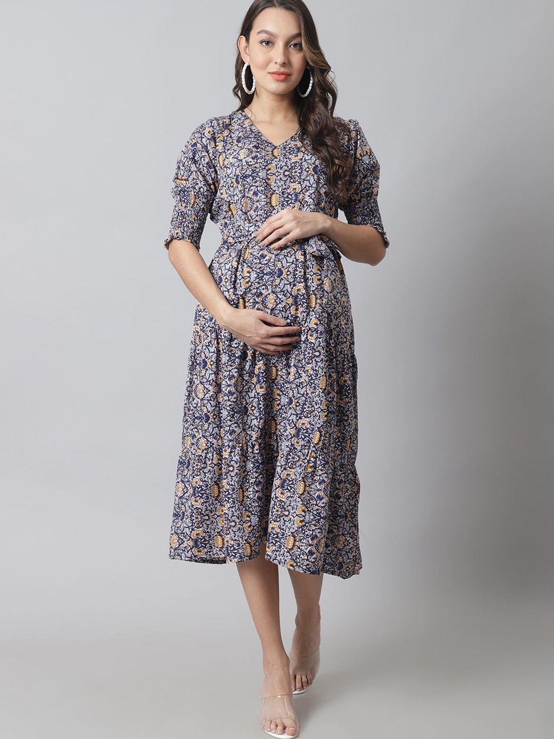 Moms Maternity Women Floral Print Puff Sleeve Maternity Fit & Flare Midi Dress With Belt, Navy blue
Moms Maternity Women Floral Print Puff Sleeve Maternity Fit & Flare Midi Dress With Belt, Navy blue