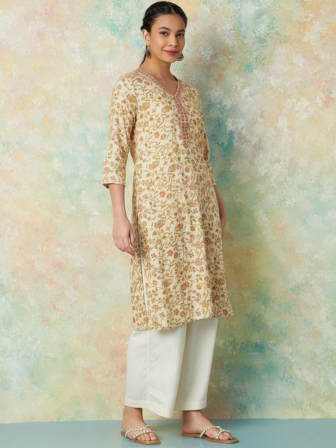 Melange by Lifestyle Floral Printed V-Neck Three-Quarter Sleeves Thread Work Kurta, Beige
Melange by Lifestyle Floral Printed V-Neck Three-Quarter Sleeves Thread Work Kurta, Beige