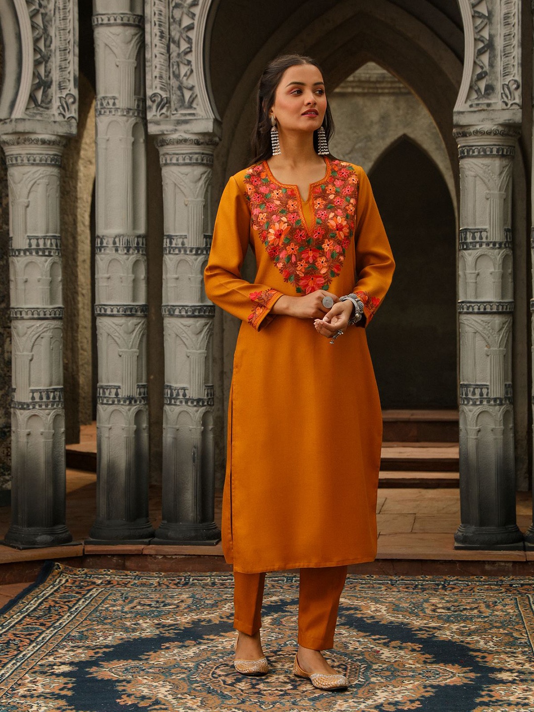 House of Chikankari Floral Yoke Design Straight Thread Work Woollen Kurta with Trouser, Mustard
House of Chikankari Floral Yoke Design Straight Thread Work Woollen Kurta with Trouser, Mustard