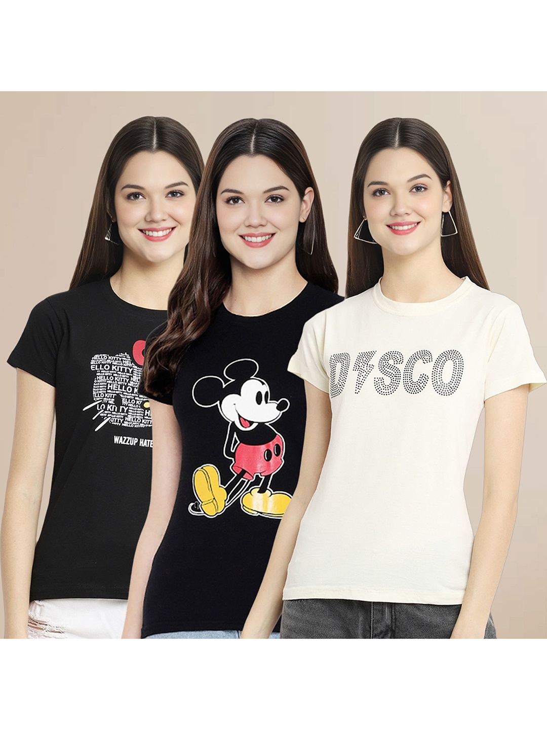 Metronaut Women Pack Of 3 Graphic Printed Round Neck Cotton Mickey Mouse T-shirts, Olive
Metronaut Women Pack Of 3 Graphic Printed Round Neck Cotton Mickey Mouse T-shirts, Olive