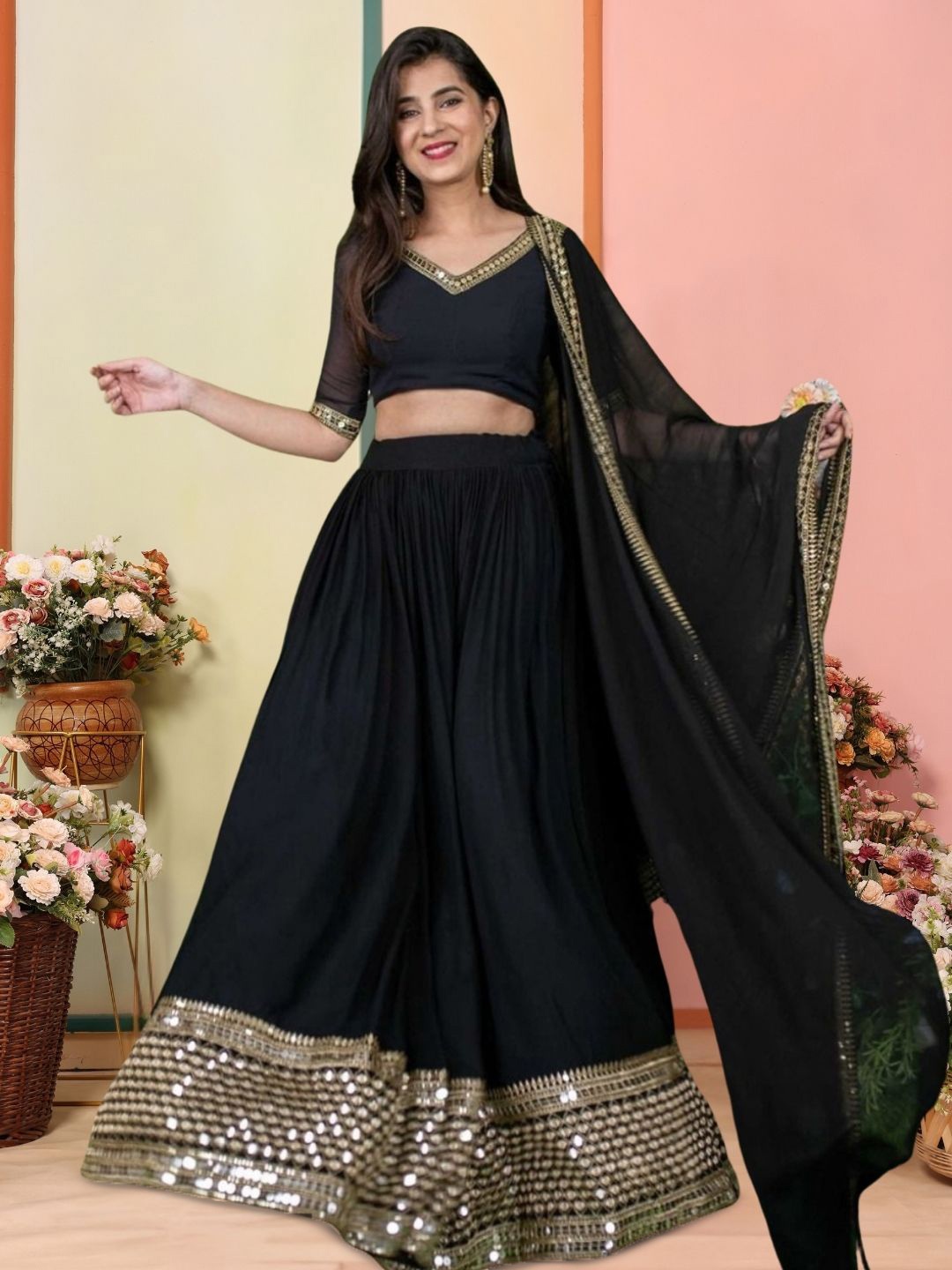 KAZIA Embroidered Georgette Semi-Stitched Lehenga & Unstitched Blouse With Dupatta, Black
KAZIA Embroidered Georgette Semi-Stitched Lehenga & Unstitched Blouse With Dupatta, Black