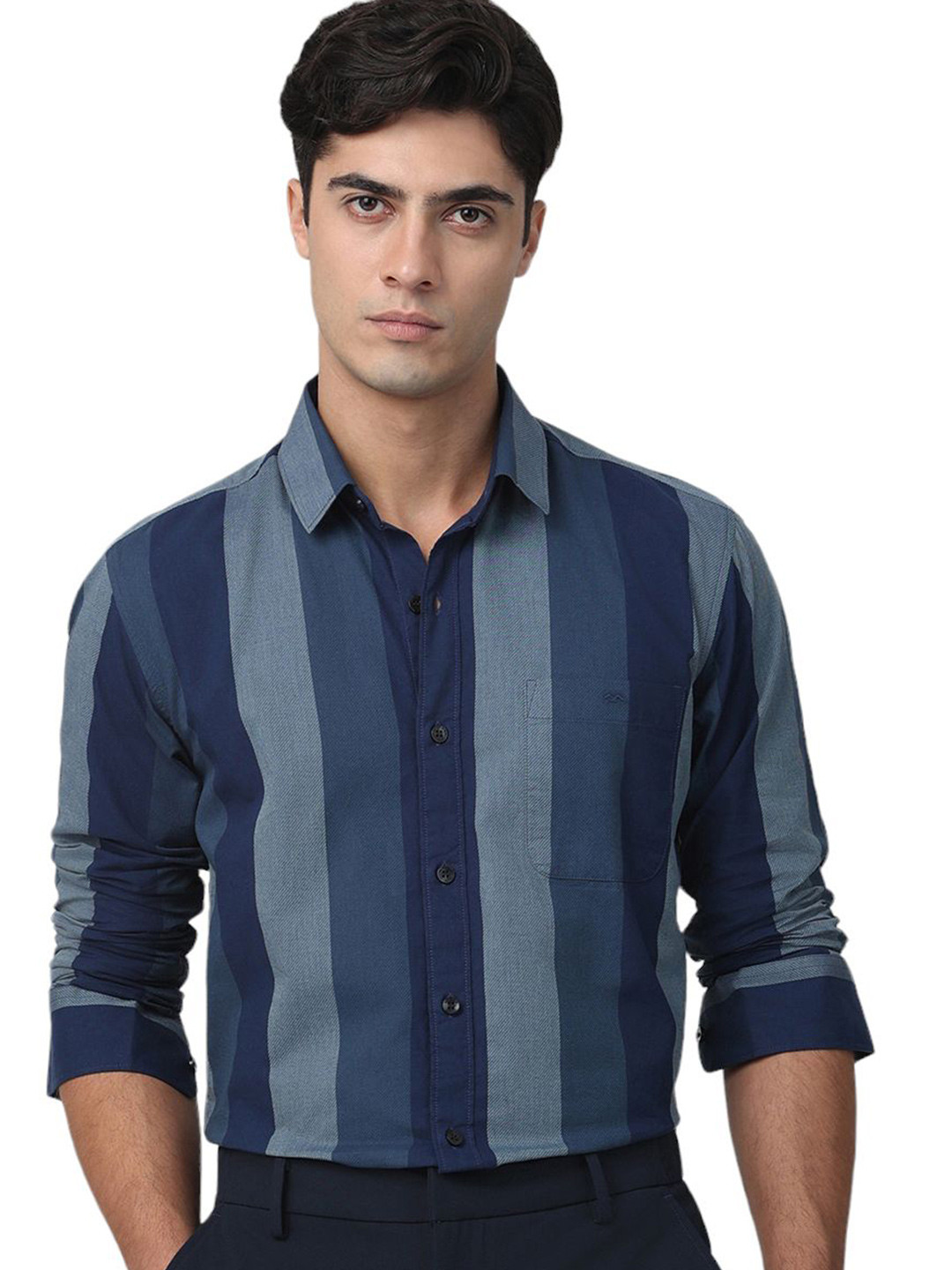 Mufti Men Spread Collar Vertical Striped Cotton Slim Fit Casual Shirt, Navy blue 
Mufti Men Spread Collar Vertical Striped Cotton Slim Fit Casual Shirt, Navy blue