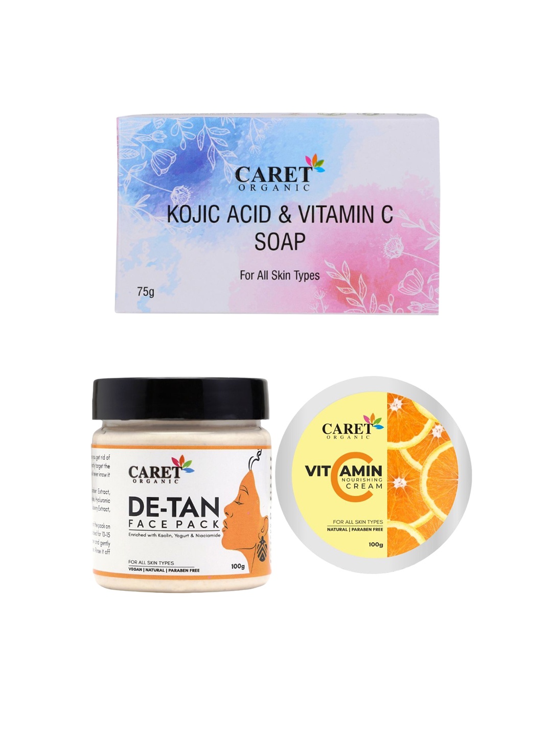 CARET ORGANIC Set Of 3 Kojic Acid Soap With Vitamin C Nourishing Cream & De-Tan Face Pack, White
CARET ORGANIC Set Of 3 Kojic Acid Soap With Vitamin C Nourishing Cream & De-Tan Face Pack, White