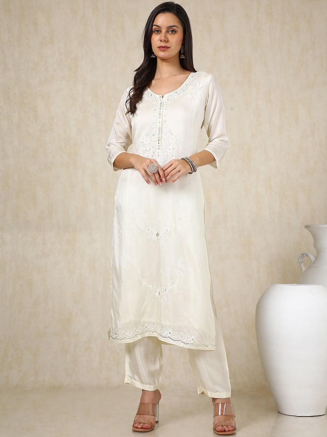 Soch Off White Floral Embroidered Round Neck Mirror Work Kurta With Trousers & Dupatta
Soch Off White Floral Embroidered Round Neck Mirror Work Kurta With Trousers & Dupatta