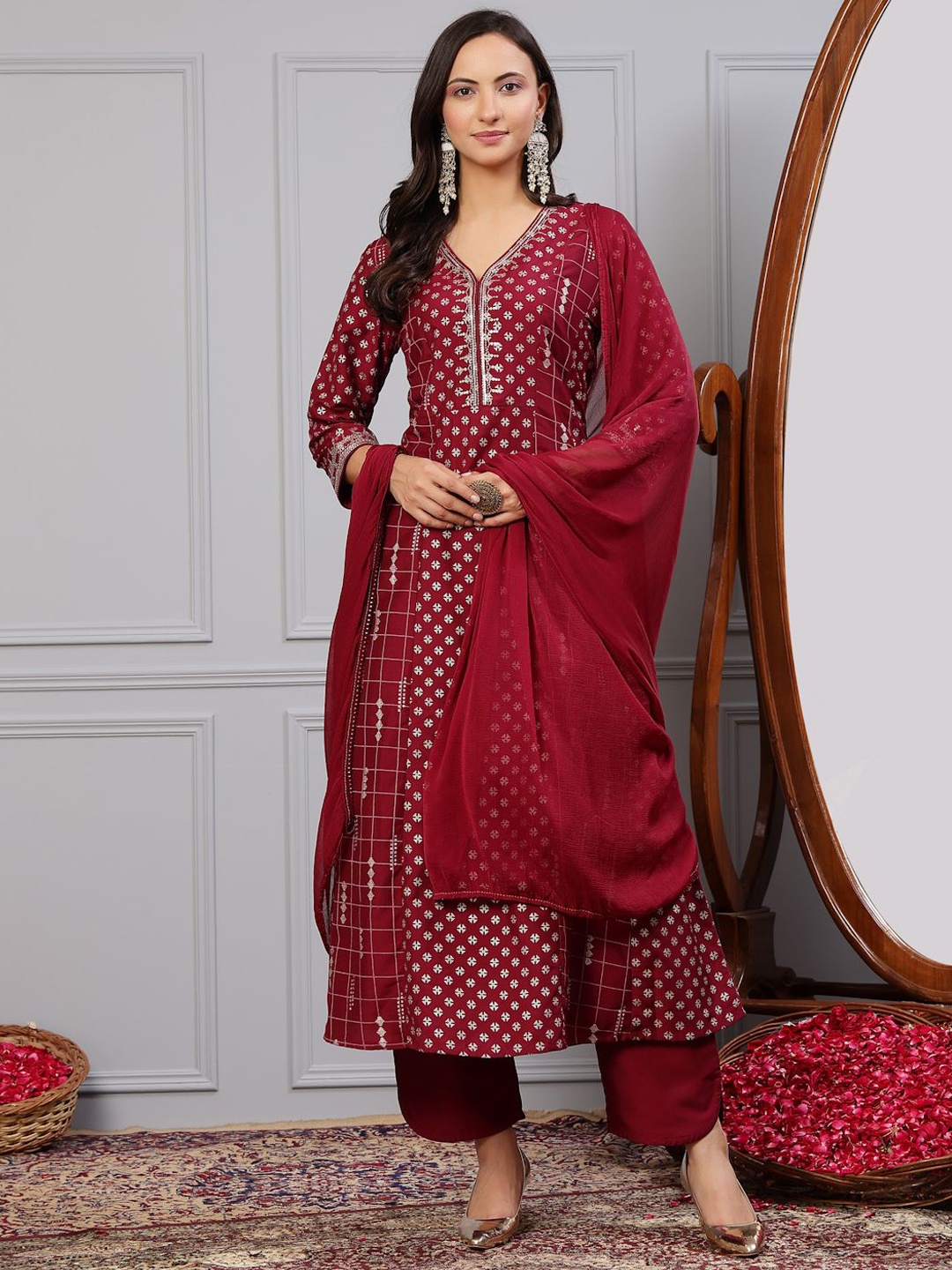 Nayam By Lakshita Geometric Printed Sequinned A-Line Kurta with Trousers & Dupatta, Maroon
Nayam By Lakshita Geometric Printed Sequinned A-Line Kurta with Trousers & Dupatta, Maroon