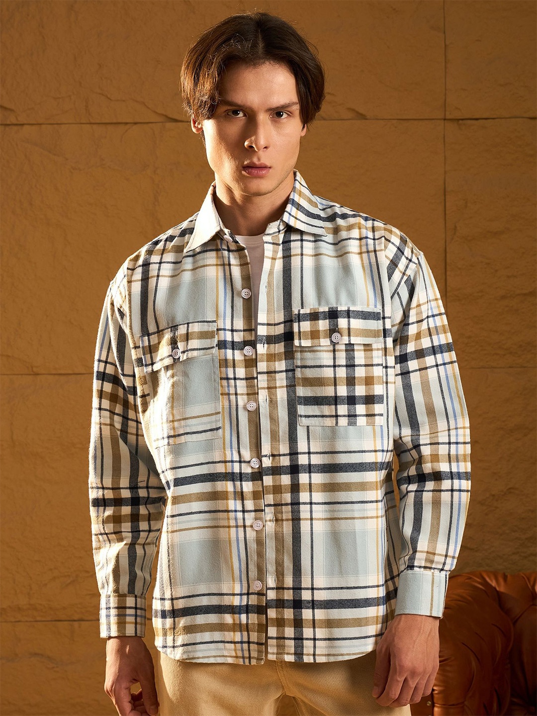 DENNISON Men Double Pocket Drop Shoulder Oversized Cotton Checked Shacket, Sea green
DENNISON Men Double Pocket Drop Shoulder Oversized Cotton Checked Shacket, Sea green