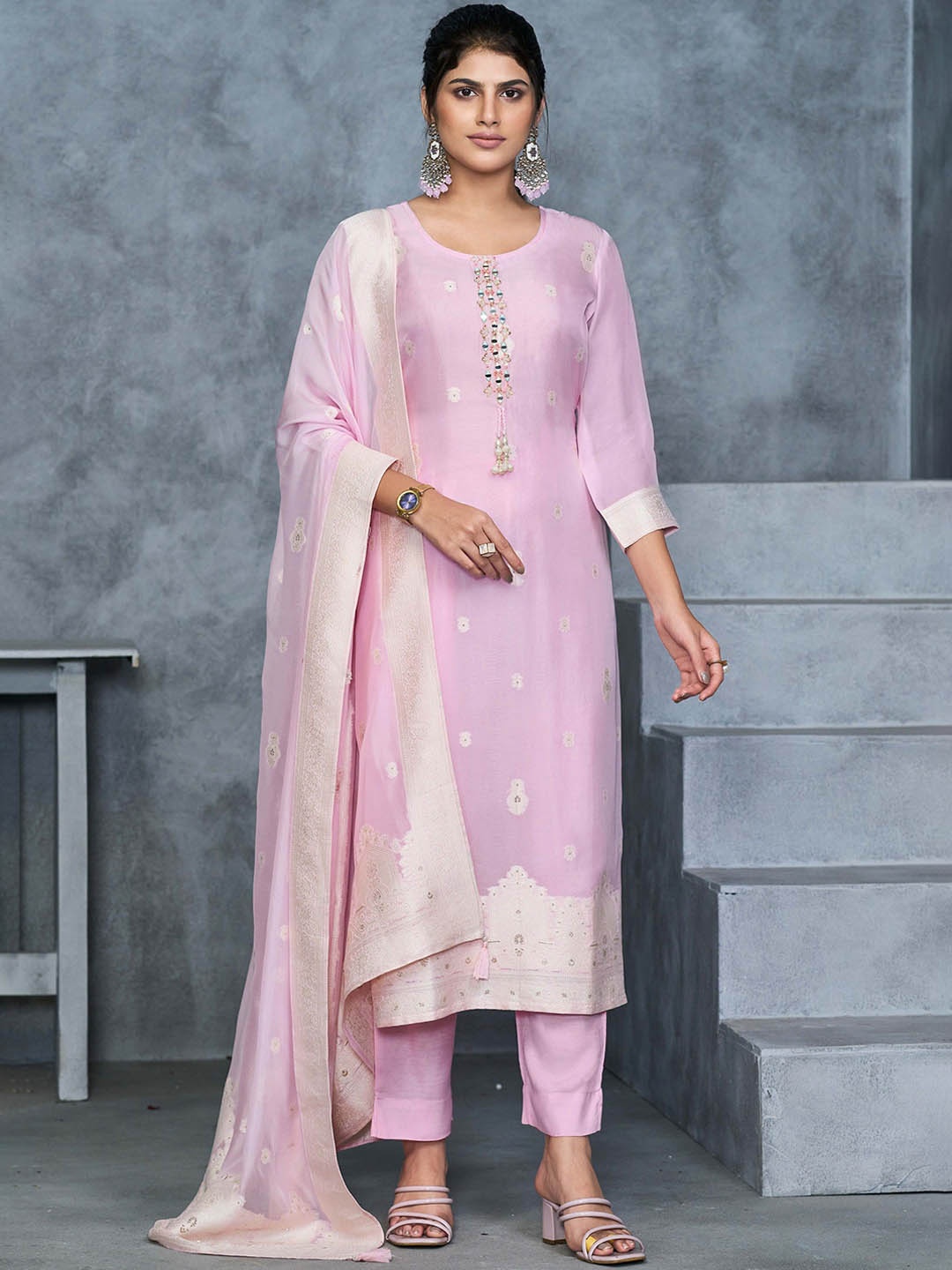 all about you Pink Floral Woven Design Organza Straight Kurta With Trousers & Dupatta
all about you Pink Floral Woven Design Organza Straight Kurta With Trousers & Dupatta