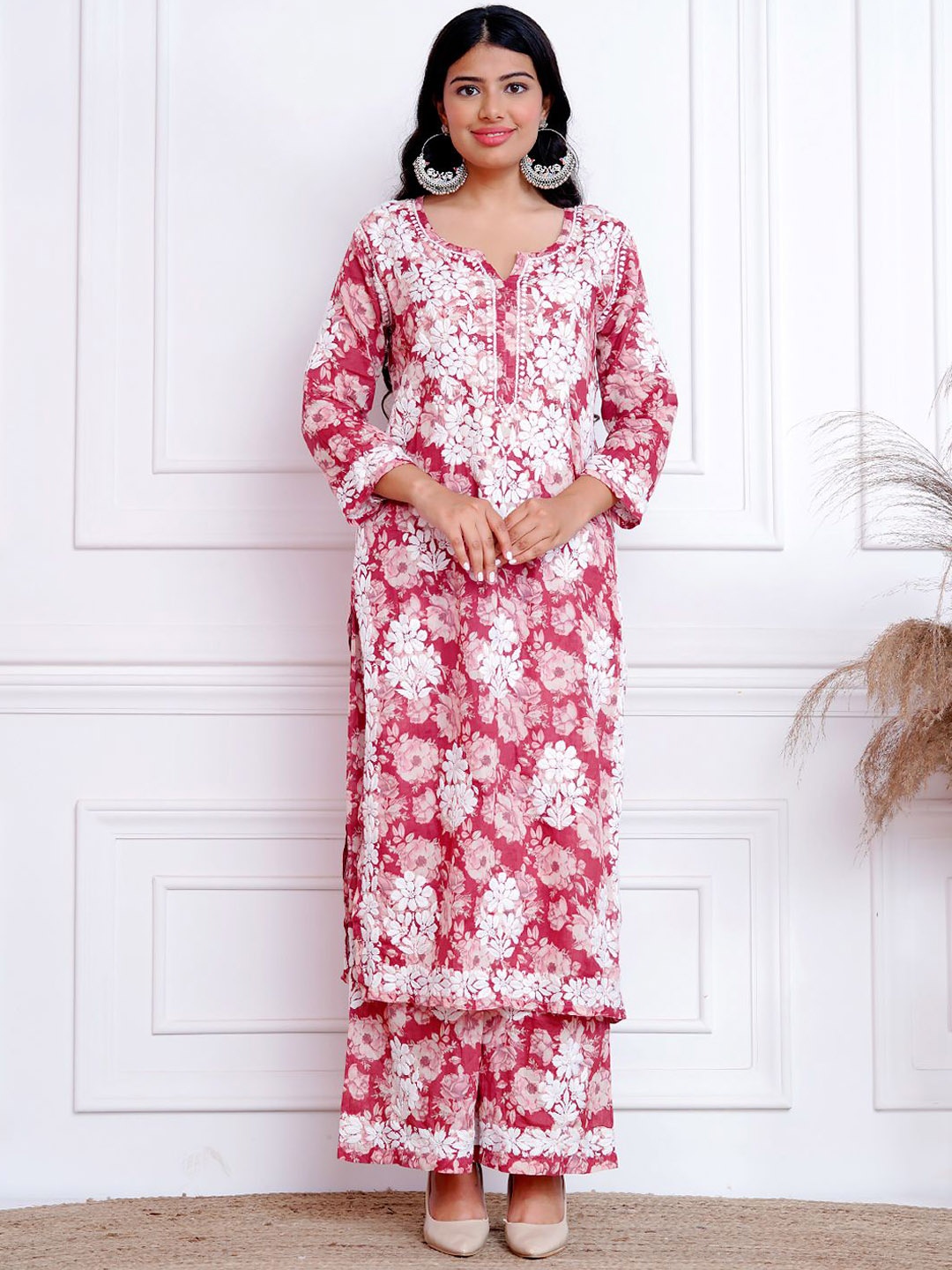 The Chikan Label Floral Printed & Embroidered Chikankari Straight Kurta with Palazzos, Red
The Chikan Label Floral Printed & Embroidered Chikankari Straight Kurta with Palazzos, Red