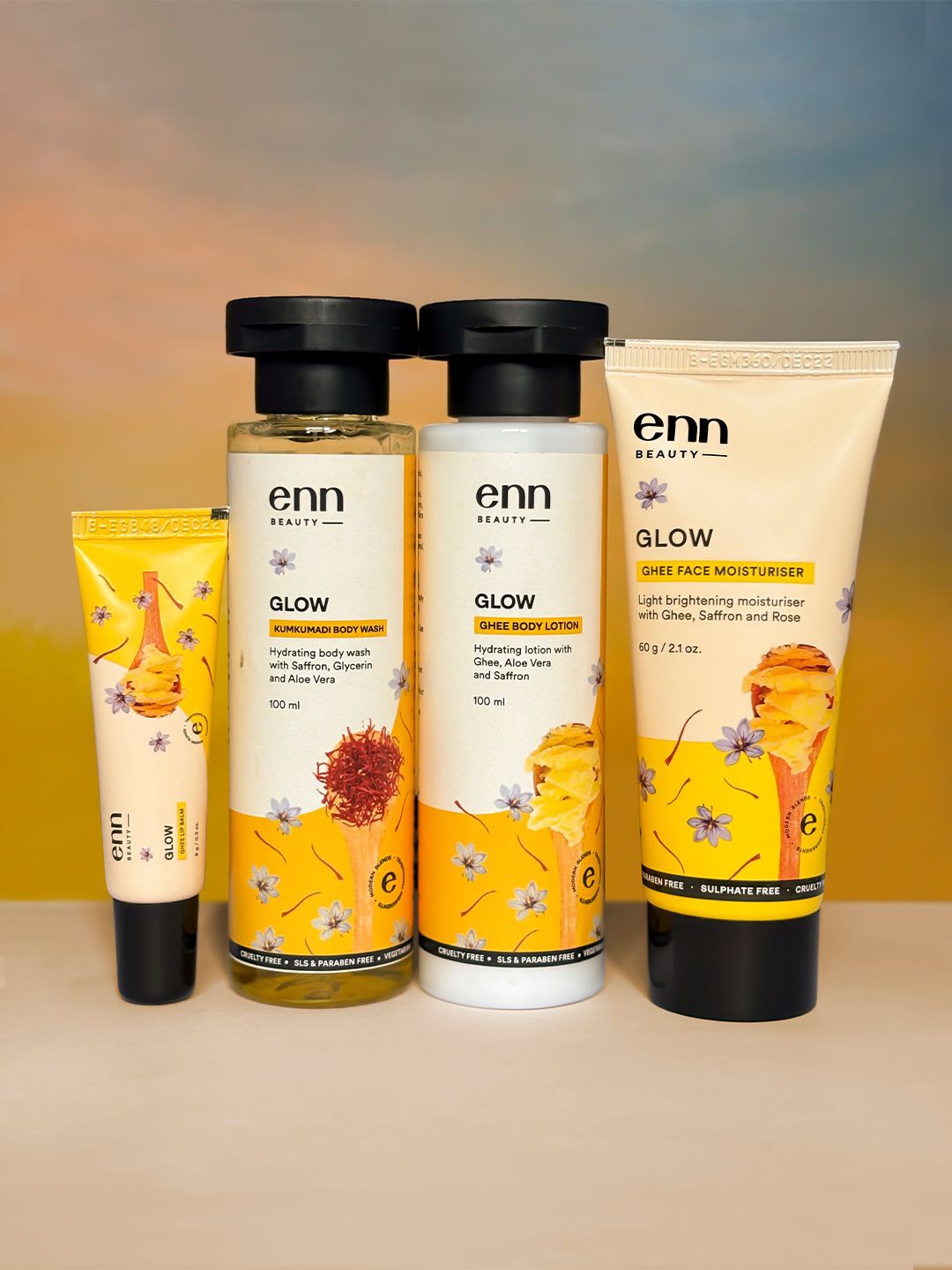 ENN Set Of 4 Kumkumadi Body Wash, Ghee Body Lotion, Ghee Lip Balm & Moisturizer, White
ENN Set Of 4 Kumkumadi Body Wash, Ghee Body Lotion, Ghee Lip Balm & Moisturizer, White