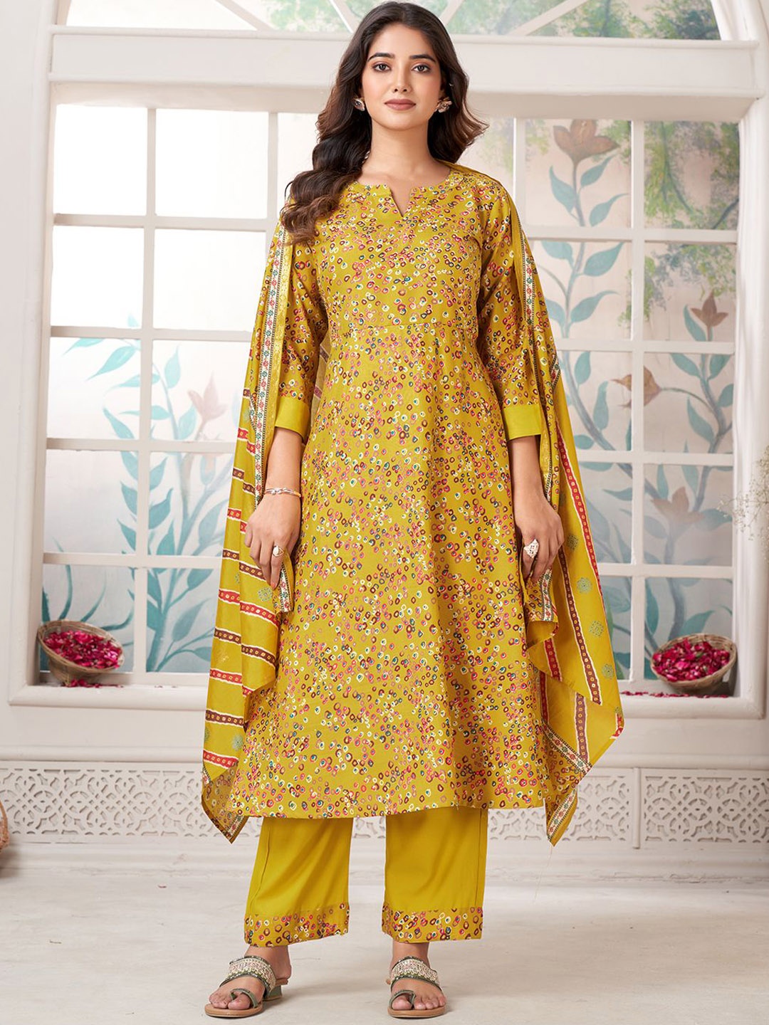 KALINI Geometric Printed Mandarin Collar Anarkali Kurta With Palazzos & Dupatta, Yellow
KALINI Geometric Printed Mandarin Collar Anarkali Kurta With Palazzos & Dupatta, Yellow