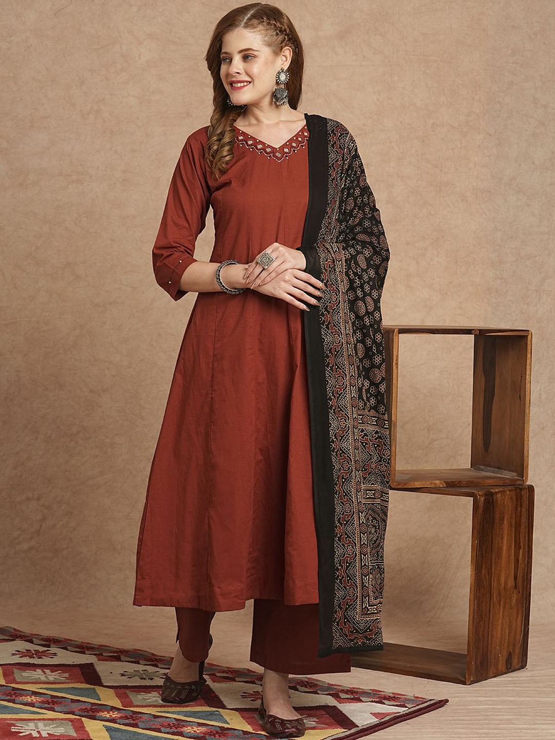 FASHOR Rust Embroidered Mirror Work Pure Cotton Anarkali Kurta With Palazzos & Dupatta
FASHOR Rust Embroidered Mirror Work Pure Cotton Anarkali Kurta With Palazzos & Dupatta