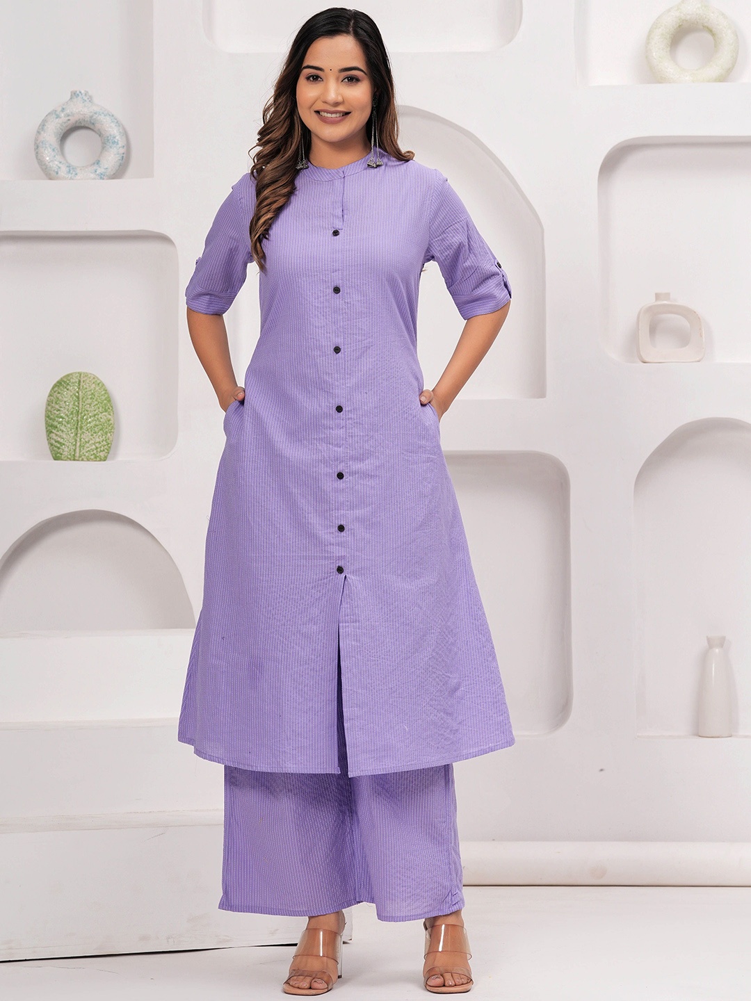 PrettyNight Women Striped Regular Kantha Work Pure Cotton Kurta with Palazzos, Purple
PrettyNight Women Striped Regular Kantha Work Pure Cotton Kurta with Palazzos, Purple