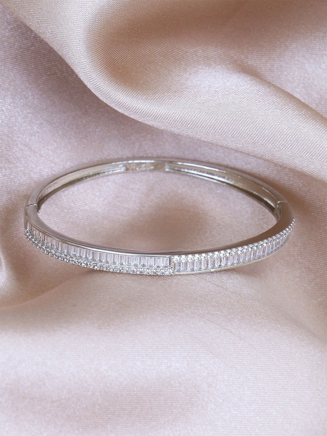 Adwitiya Collection Rhodium-Plated Cubic Zirconia Studded Bangle-Style Bracelet, Silver
Adwitiya Collection Rhodium-Plated Cubic Zirconia Studded Bangle-Style Bracelet, Silver
