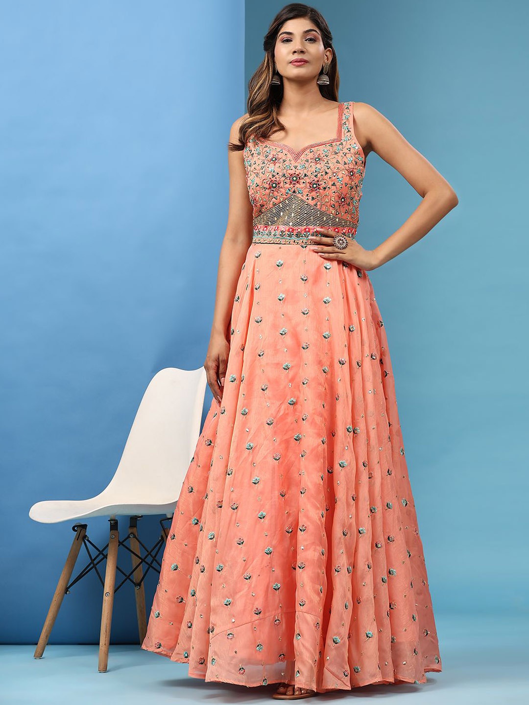 VANAKARA Women Embroidered Sweetheart Neck Sleeveless Maxi Ethnic Dresses & Dupatta, Peach
VANAKARA Women Embroidered Sweetheart Neck Sleeveless Maxi Ethnic Dresses & Dupatta, Peach
