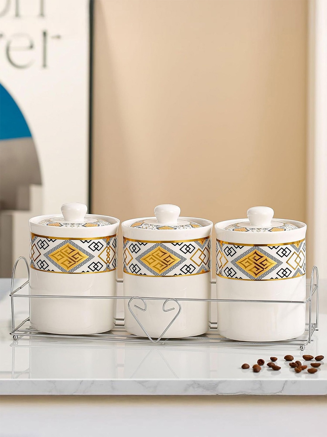 Ekhasa White & Gold Toned 3 Pieces Printed Ceramic Canister Container With Lid - 700 ml
Ekhasa White & Gold Toned 3 Pieces Printed Ceramic Canister Container With Lid - 700 ml