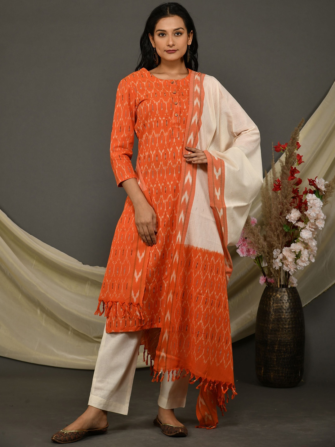 Kasturi Creations Geometric Printed Pure Cotton Straight Kurta With Trouser & Dupatta, Orange
Kasturi Creations Geometric Printed Pure Cotton Straight Kurta With Trouser & Dupatta, Orange