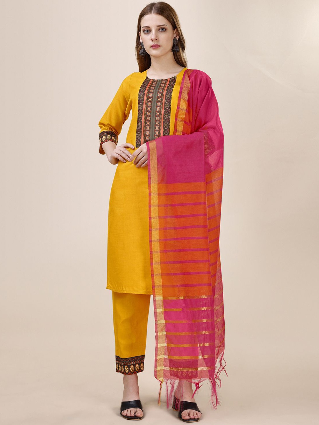 Sidhidata Floral Printed Yoke Design Straight Kurta With Trousers & Dupatta, Mustard
Sidhidata Floral Printed Yoke Design Straight Kurta With Trousers & Dupatta, Mustard