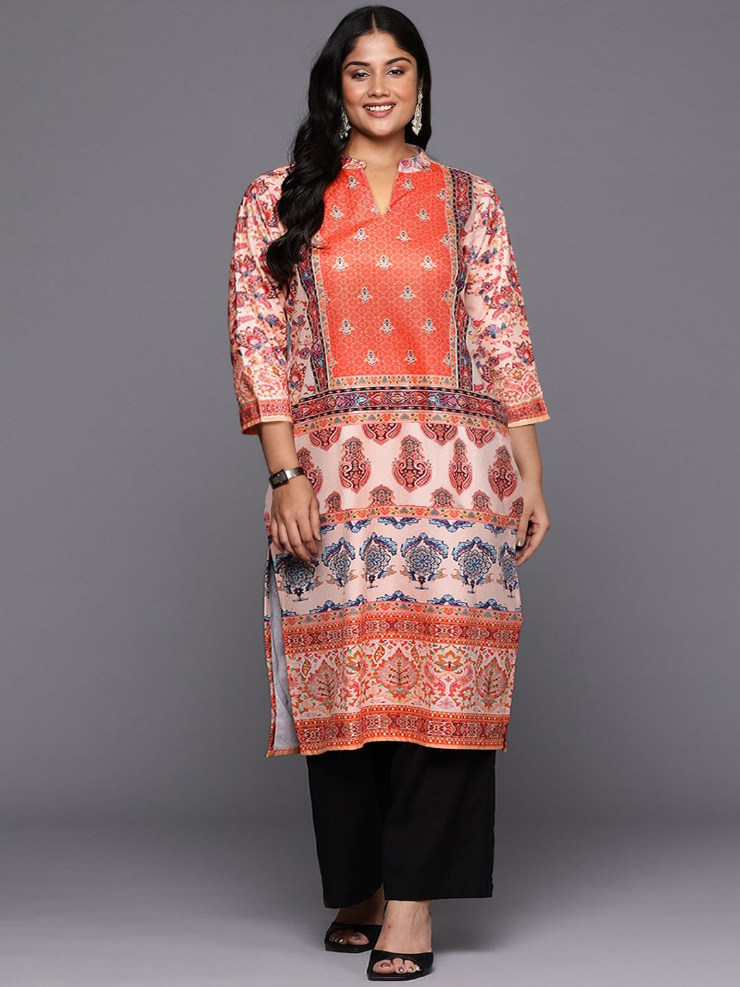 A PLUS BY AHALYAA Plus Size Ethnic Motifs Printed Mandarin Collar Velvet Straight Kurta, Orange
A PLUS BY AHALYAA Plus Size Ethnic Motifs Printed Mandarin Collar Velvet Straight Kurta, Orange