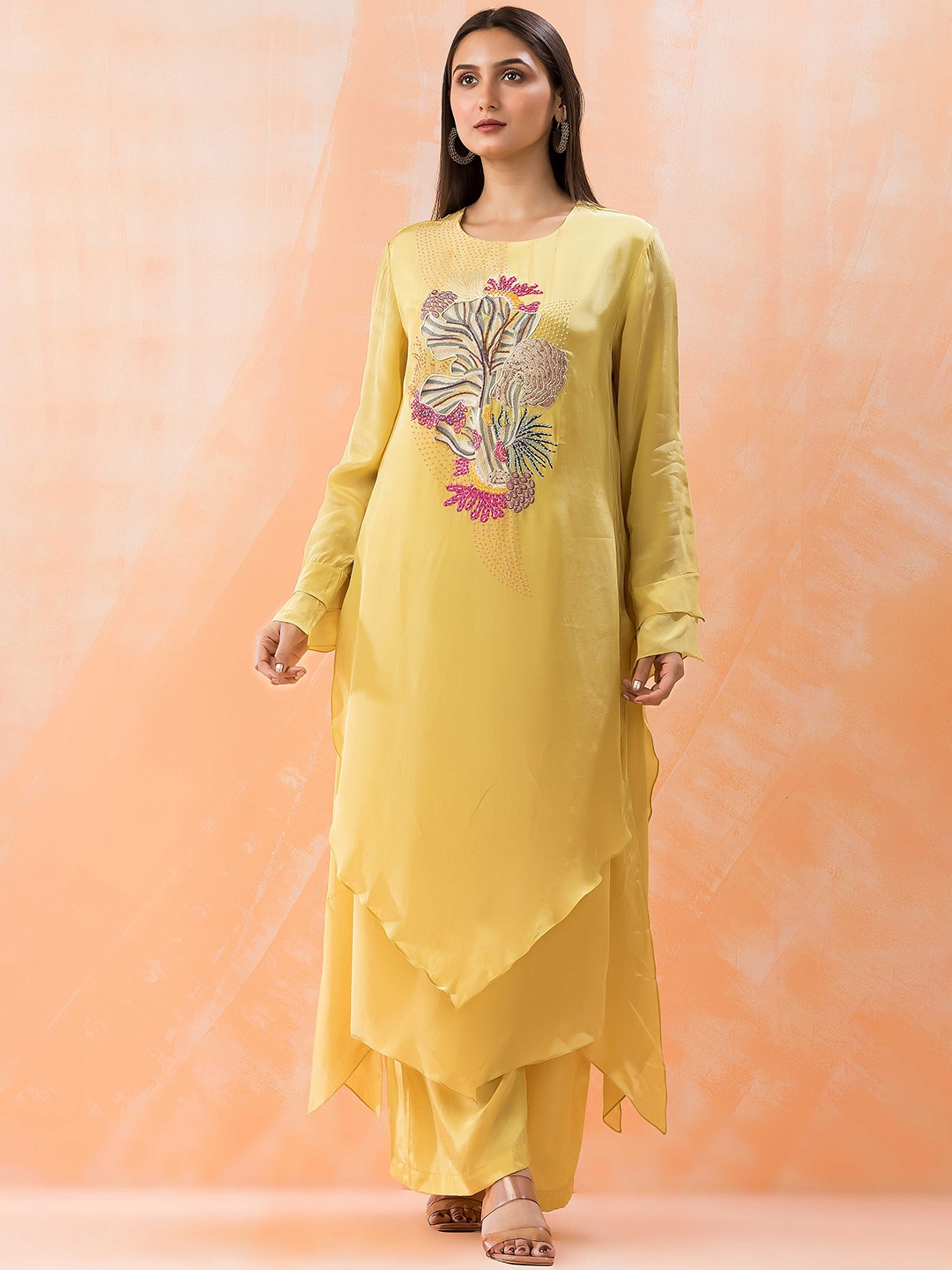 SACRED SUTA Women Floral Embroidered Layered Beads and Stones Silk Crepe Kurta with Palazzos, Yellow
SACRED SUTA Women Floral Embroidered Layered Beads and Stones Silk Crepe Kurta with Palazzos, Yellow