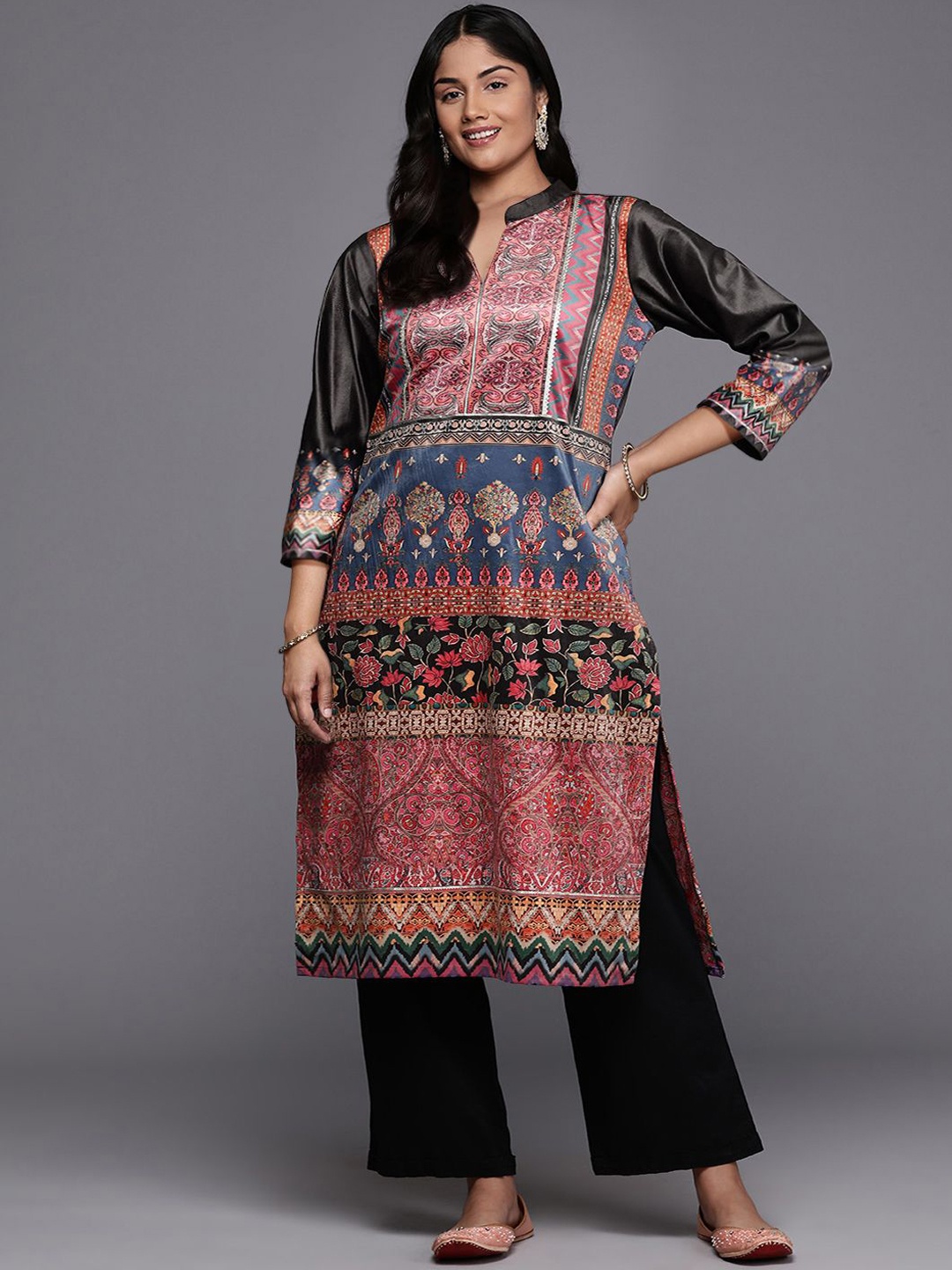 A PLUS BY AHALYAA Plus Size Ethnic Motifs Printed Mandarin Collar Velvet Straight Kurta, Grey
A PLUS BY AHALYAA Plus Size Ethnic Motifs Printed Mandarin Collar Velvet Straight Kurta, Grey