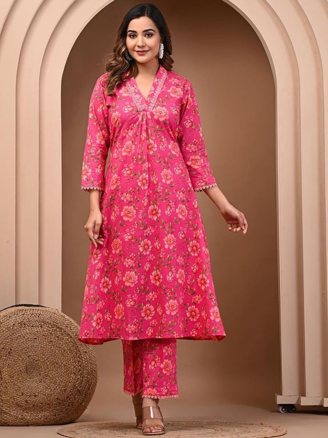 SAADGEE Floral Printed Lace Detail V-Neck Pure Cotton A-Line Kurta With Trouser, Pink
SAADGEE Floral Printed Lace Detail V-Neck Pure Cotton A-Line Kurta With Trouser, Pink