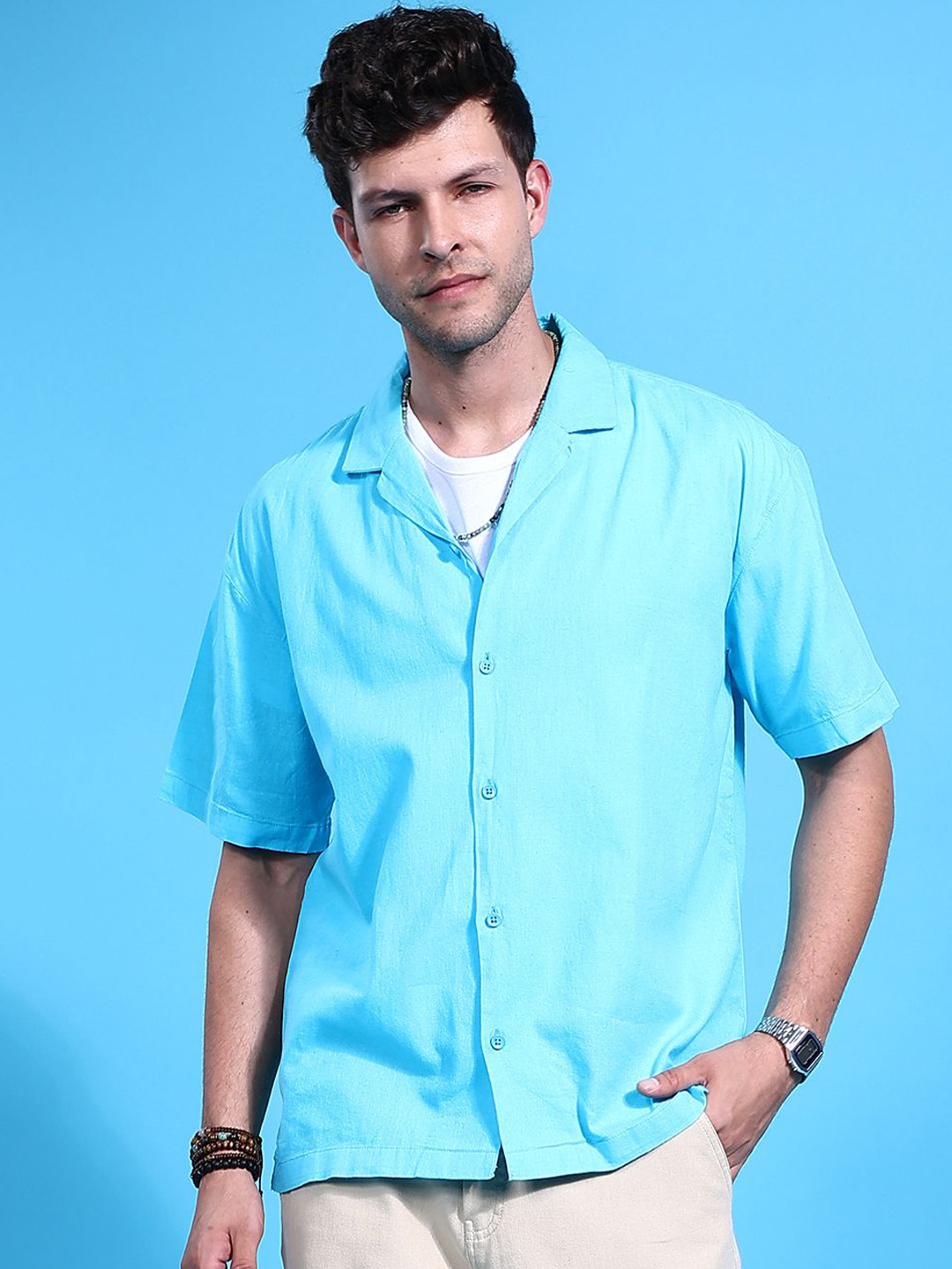 The Indian Garage Co Men Cuban Collar Relaxed Fit Linen Resortwear Shirt, Turquoise blue
The Indian Garage Co Men Cuban Collar Relaxed Fit Linen Resortwear Shirt, Turquoise blue