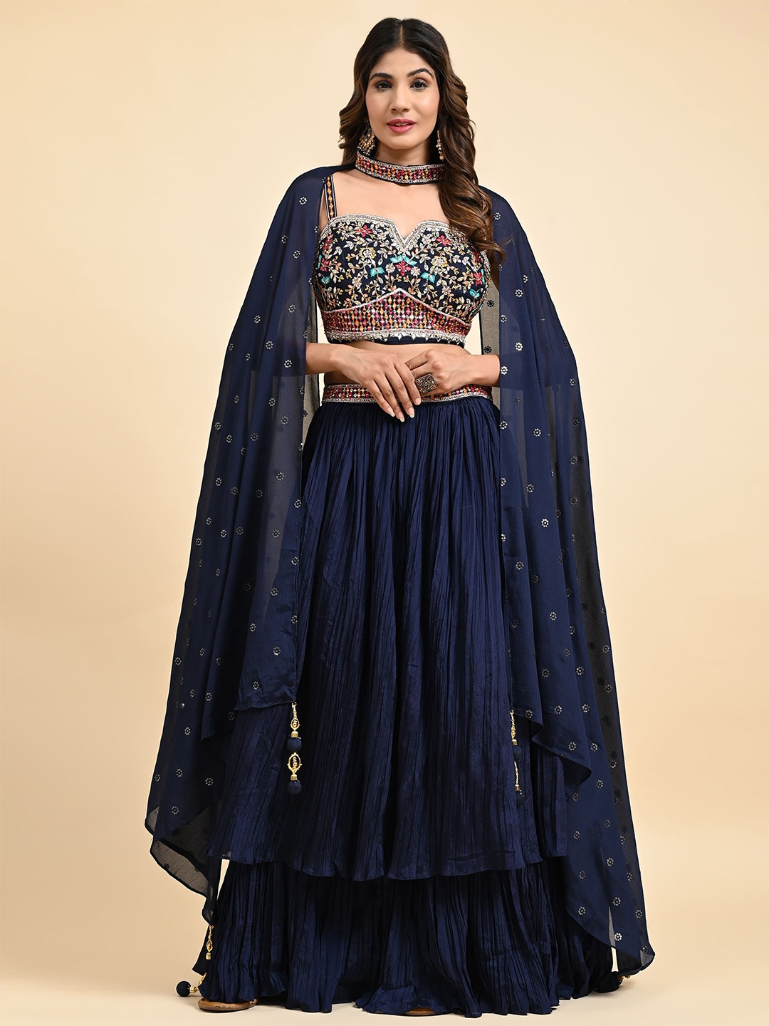 VANAKARA Embroidered Mirror Work Ready To Wear Lehenga & Blouse With Dupatta, Navy blue
VANAKARA Embroidered Mirror Work Ready To Wear Lehenga & Blouse With Dupatta, Navy blue