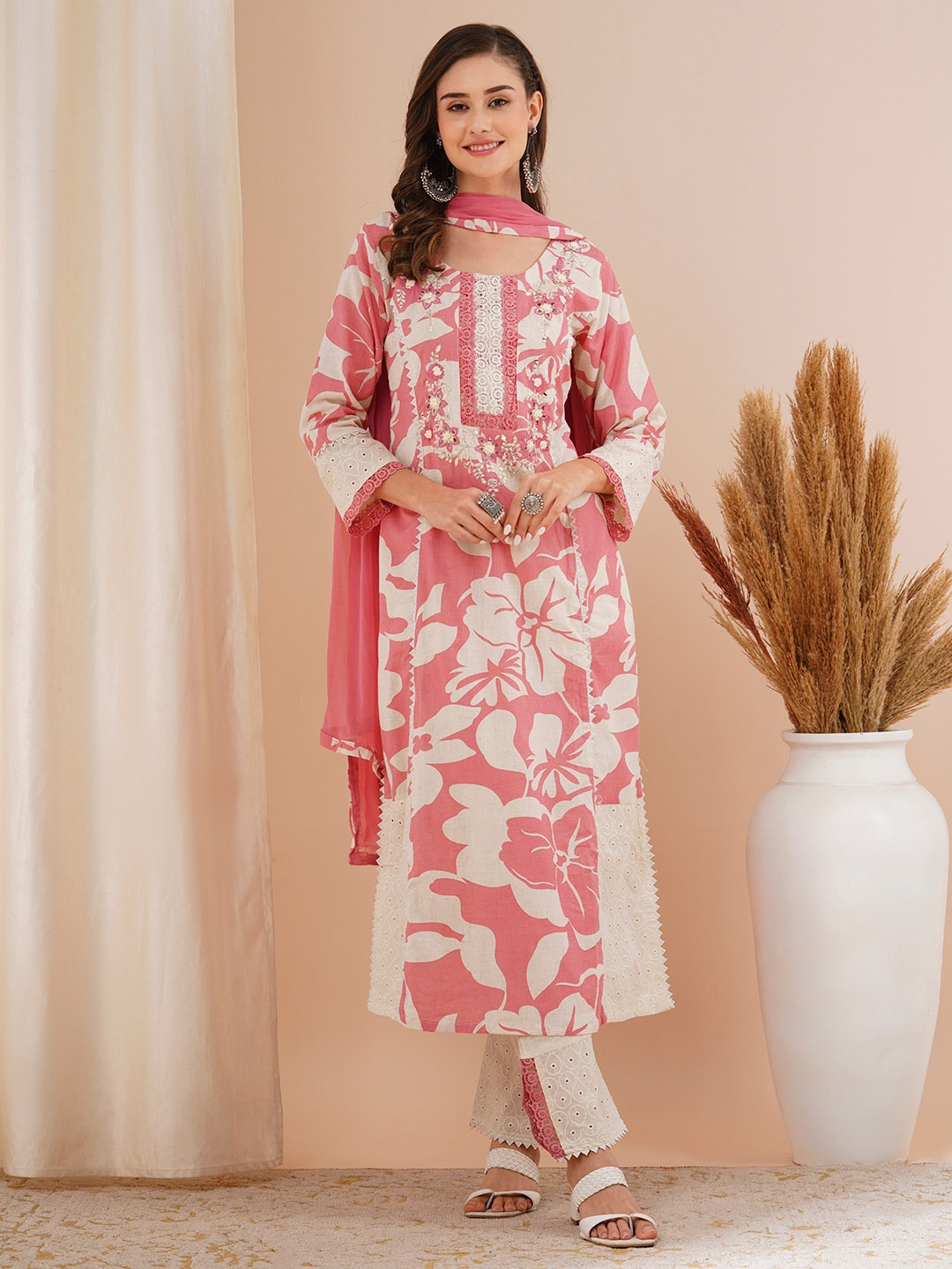 FASHOR Floral Printed Panelled Mirror Work Pure Cotton Kurta With Trouser & Dupatta, Pink
FASHOR Floral Printed Panelled Mirror Work Pure Cotton Kurta With Trouser & Dupatta, Pink