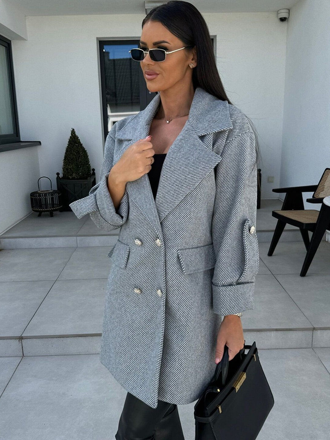 StyleCast x Revolte Women Striped Notched Lapel Double Breasted Overcoat, Grey
StyleCast x Revolte Women Striped Notched Lapel Double Breasted Overcoat, Grey