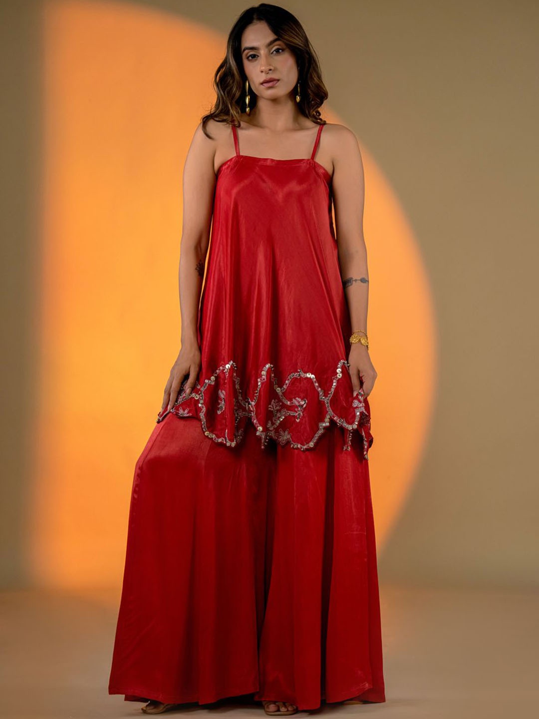 AMROOD Floral Embroidered Beads & Stones Regular Satin A-Line Kurti with Sharara, Red
AMROOD Floral Embroidered Beads & Stones Regular Satin A-Line Kurti with Sharara, Red