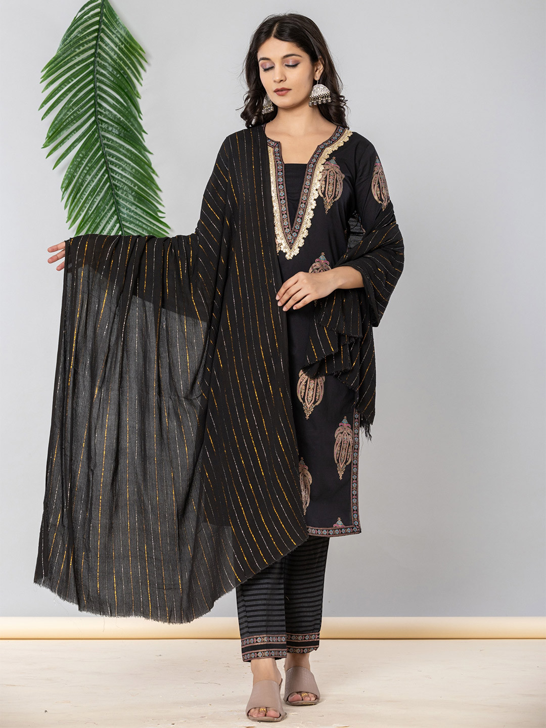 JAIPURI BUNAAI Ethnic Motifs Printed Gotta Patti Pure Cotton Kurta With Trouser & Dupatta, Black
JAIPURI BUNAAI Ethnic Motifs Printed Gotta Patti Pure Cotton Kurta With Trouser & Dupatta, Black