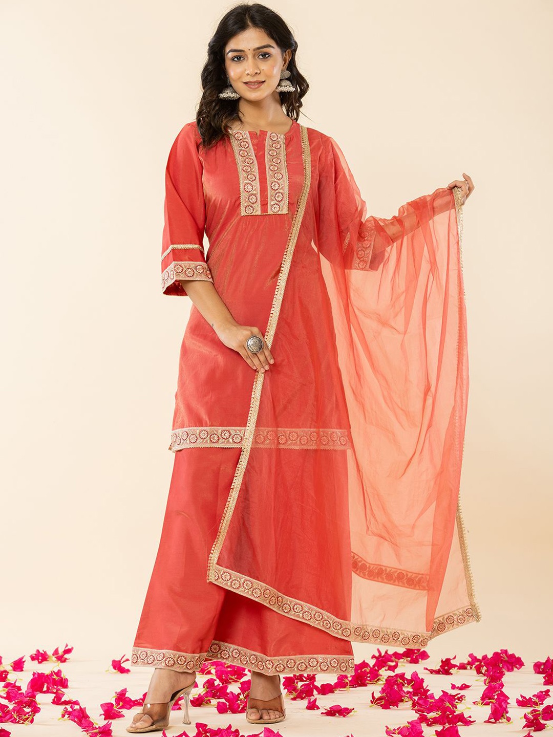 Yufta Round Neck Regular Thread Work Straight Kurta With Palazzo With Dupatta, Peach
Yufta Round Neck Regular Thread Work Straight Kurta With Palazzo With Dupatta, Peach