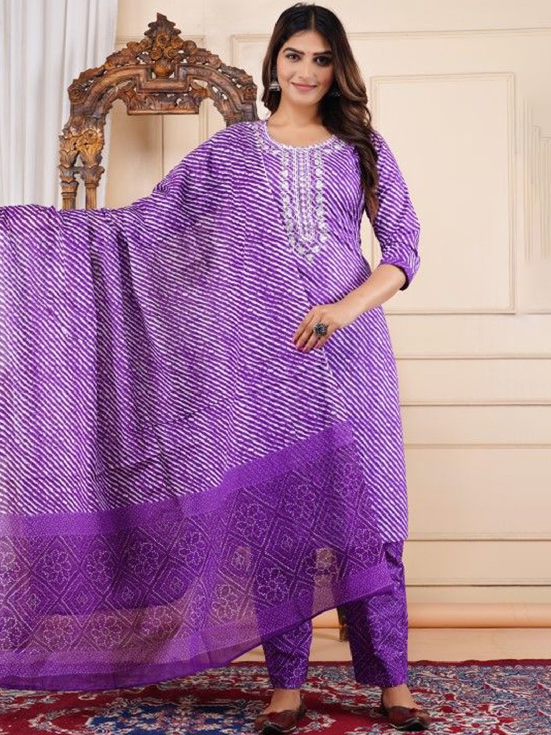 AAYUMI Women Leheriya Dyed Regular Sequinned Pure Cotton Kurta with Trousers & With Dupatta, Purple
AAYUMI Women Leheriya Dyed Regular Sequinned Pure Cotton Kurta with Trousers & With Dupatta, Purple