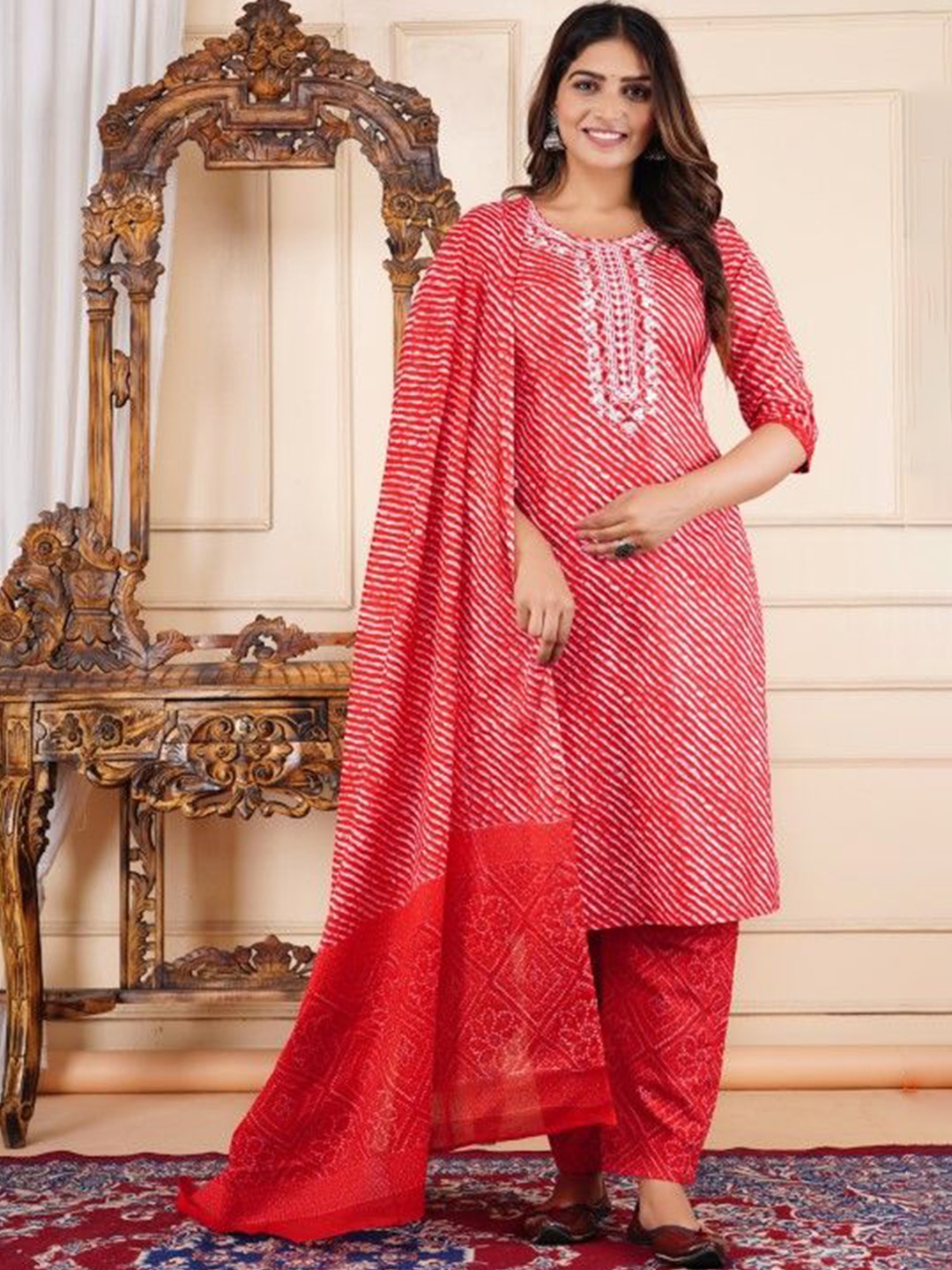 AAYUMI Women Leheriya Dyed Regular Pure Cotton Kurta with Trousers & With Dupatta, Red
AAYUMI Women Leheriya Dyed Regular Pure Cotton Kurta with Trousers & With Dupatta, Red