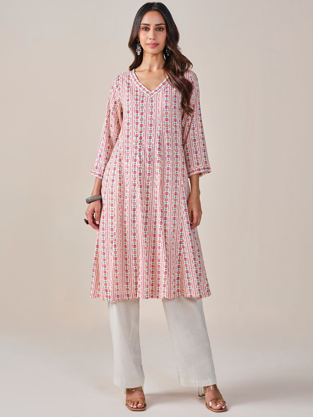 Global Desi Geometric Printed V-Neck Anarkali Kurta, Off white 
Global Desi Geometric Printed V-Neck Anarkali Kurta, Off white