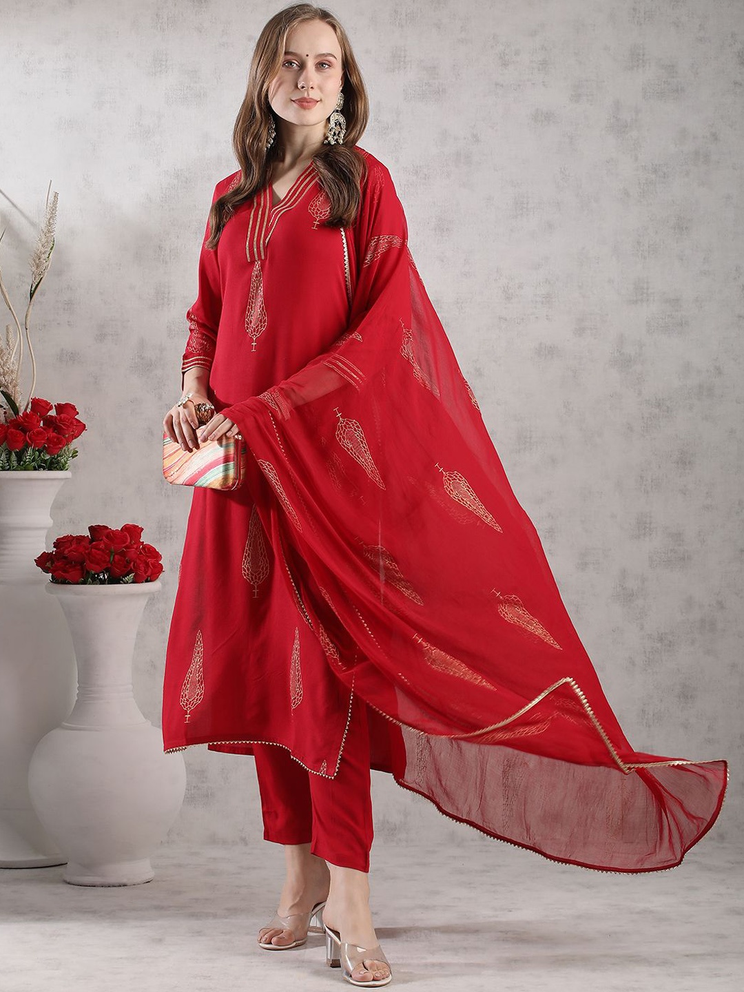 KALINI Floral Printed Gotta Patti V Neck Straight Kurta with Trousers & Dupatta, Red
KALINI Floral Printed Gotta Patti V Neck Straight Kurta with Trousers & Dupatta, Red