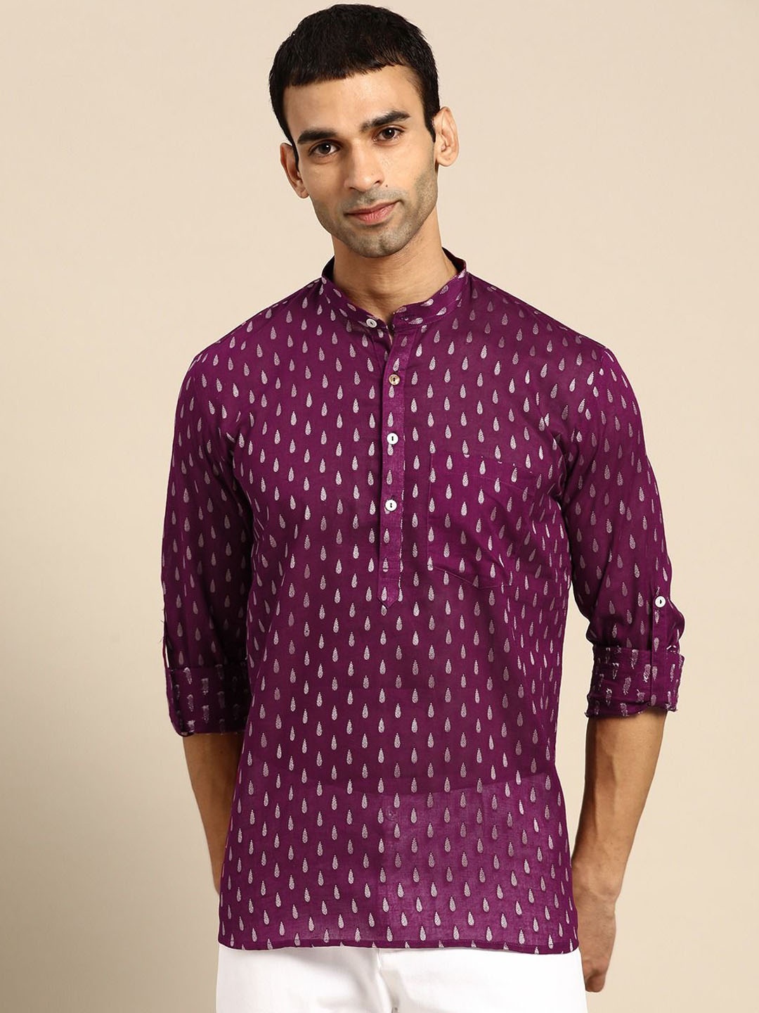 RAJUBHAI HARGOVINDAS Ethnic Motifs Woven Design Band Collar Cotton Straight Short Kurta, Purple
RAJUBHAI HARGOVINDAS Ethnic Motifs Woven Design Band Collar Cotton Straight Short Kurta, Purple