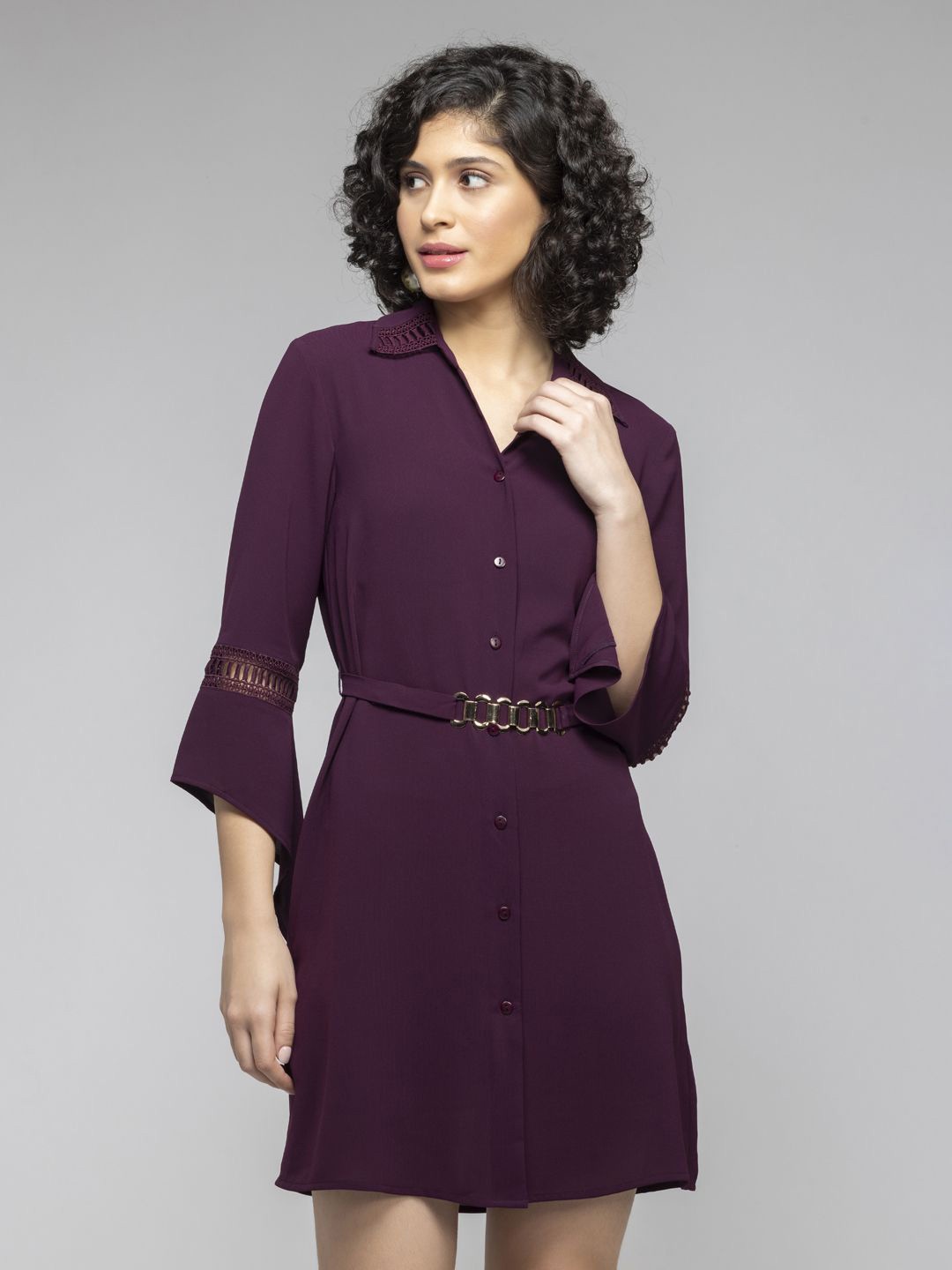 SHAYE Women Shirt Collar Solid Georgette A-Line Above Knee Dress With A Belt, Purple
SHAYE Women Shirt Collar Solid Georgette A-Line Above Knee Dress With A Belt, Purple