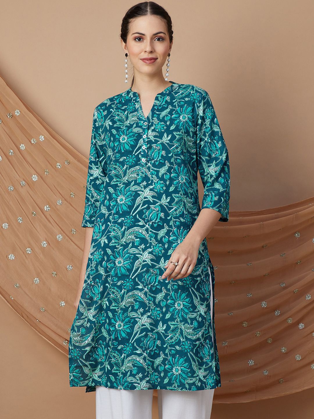 Melange by Lifestyle Floral Printed Mandarin Collar Cotton Straight Kurta, Teal
Melange by Lifestyle Floral Printed Mandarin Collar Cotton Straight Kurta, Teal