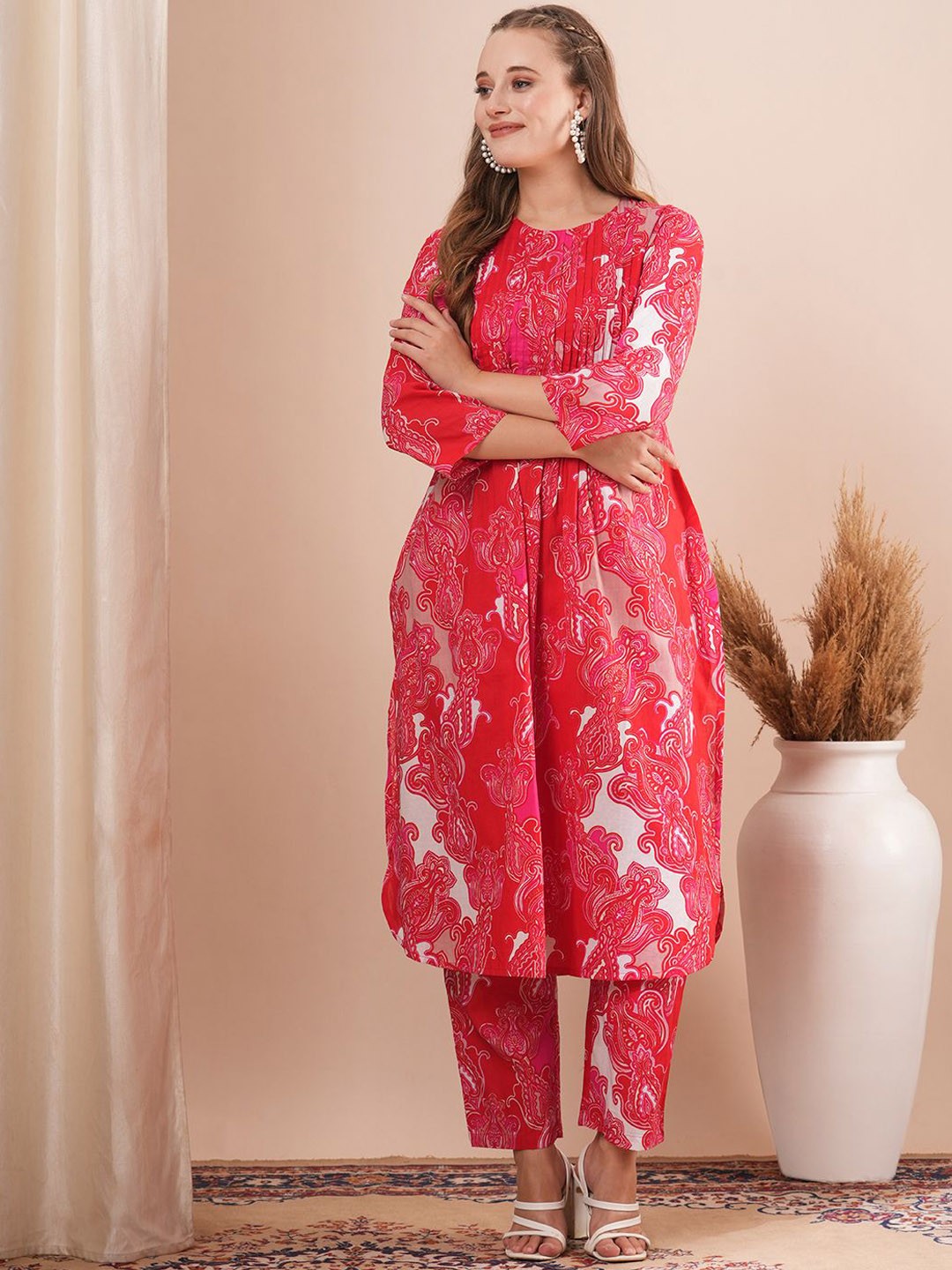 FASHOR Ethnic Motifs Printed Round Neck Three-Quarter Sleeves Pure Cotton Top With Trouser, Red
FASHOR Ethnic Motifs Printed Round Neck Three-Quarter Sleeves Pure Cotton Top With Trouser, Red
