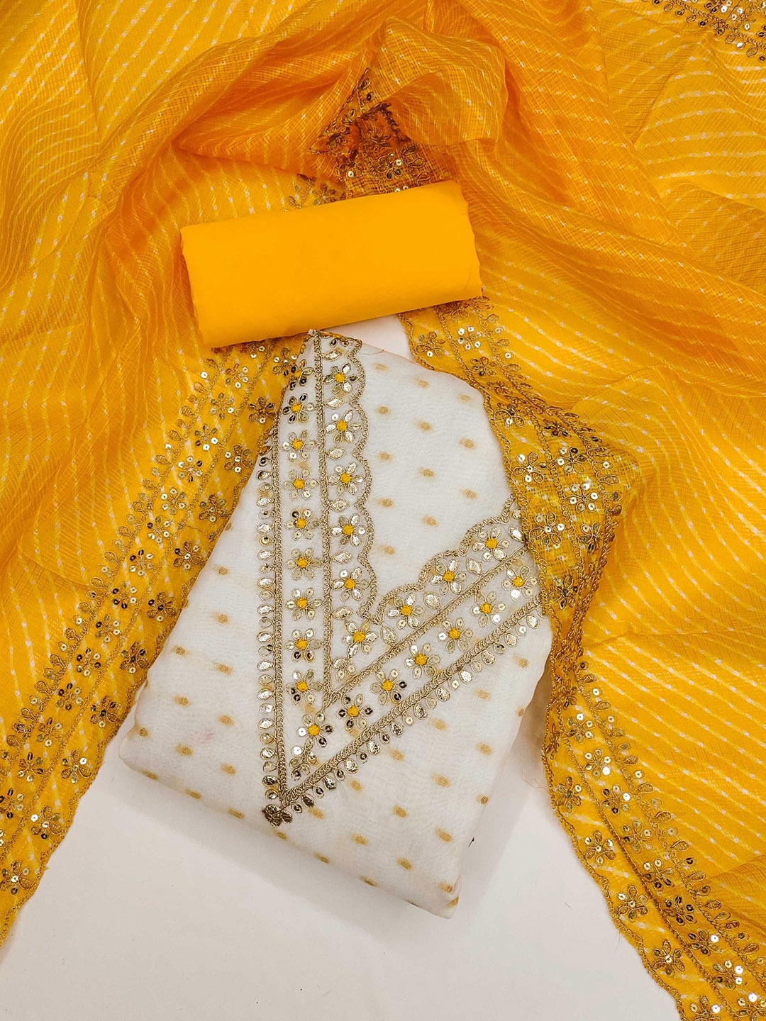 Panzora Geometric Woven Design Sequinned Chanderi Silk Unstitched Dress Material, Yellow
Panzora Geometric Woven Design Sequinned Chanderi Silk Unstitched Dress Material, Yellow